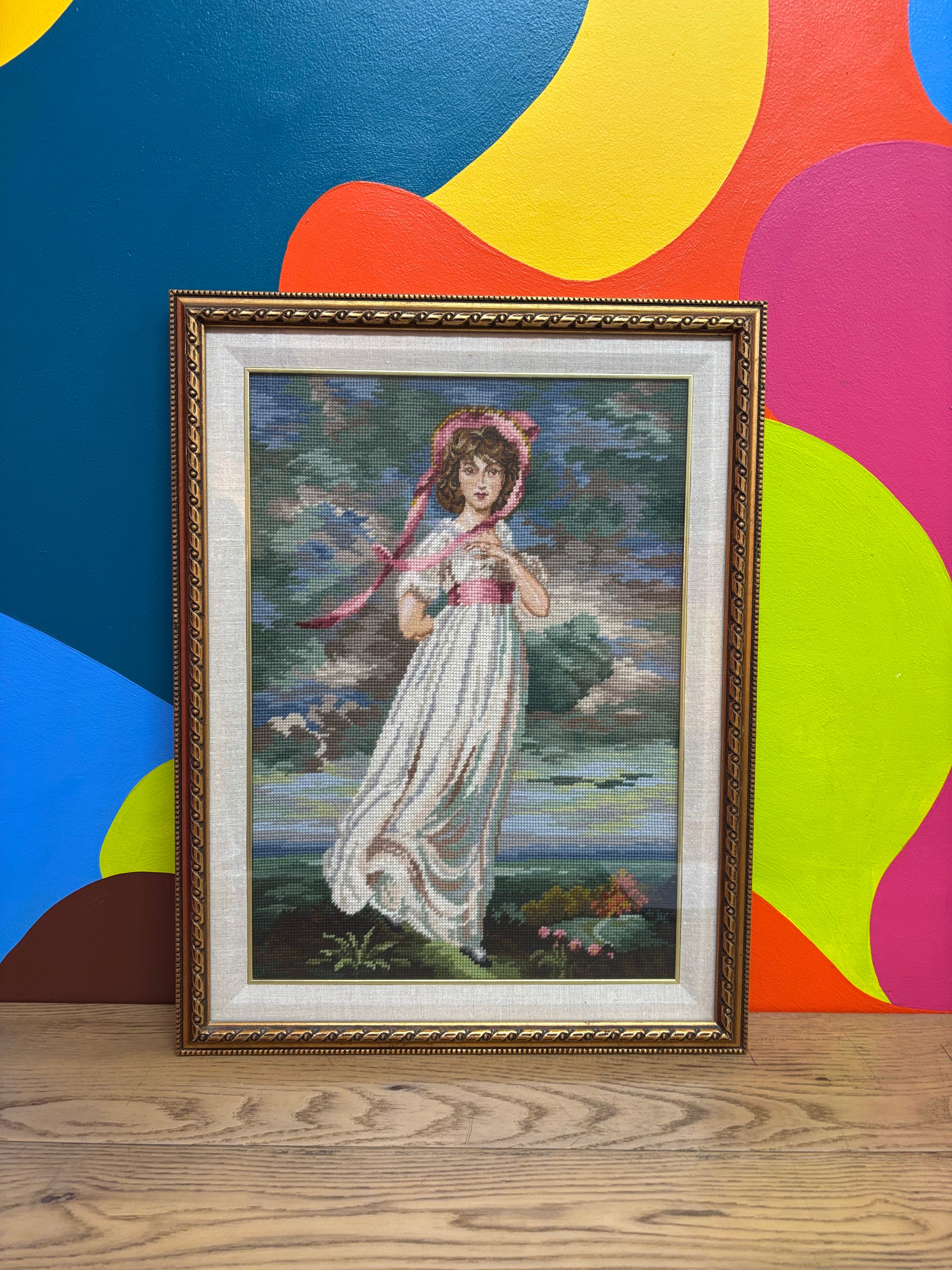 Framed Needlepoint Pink Girl