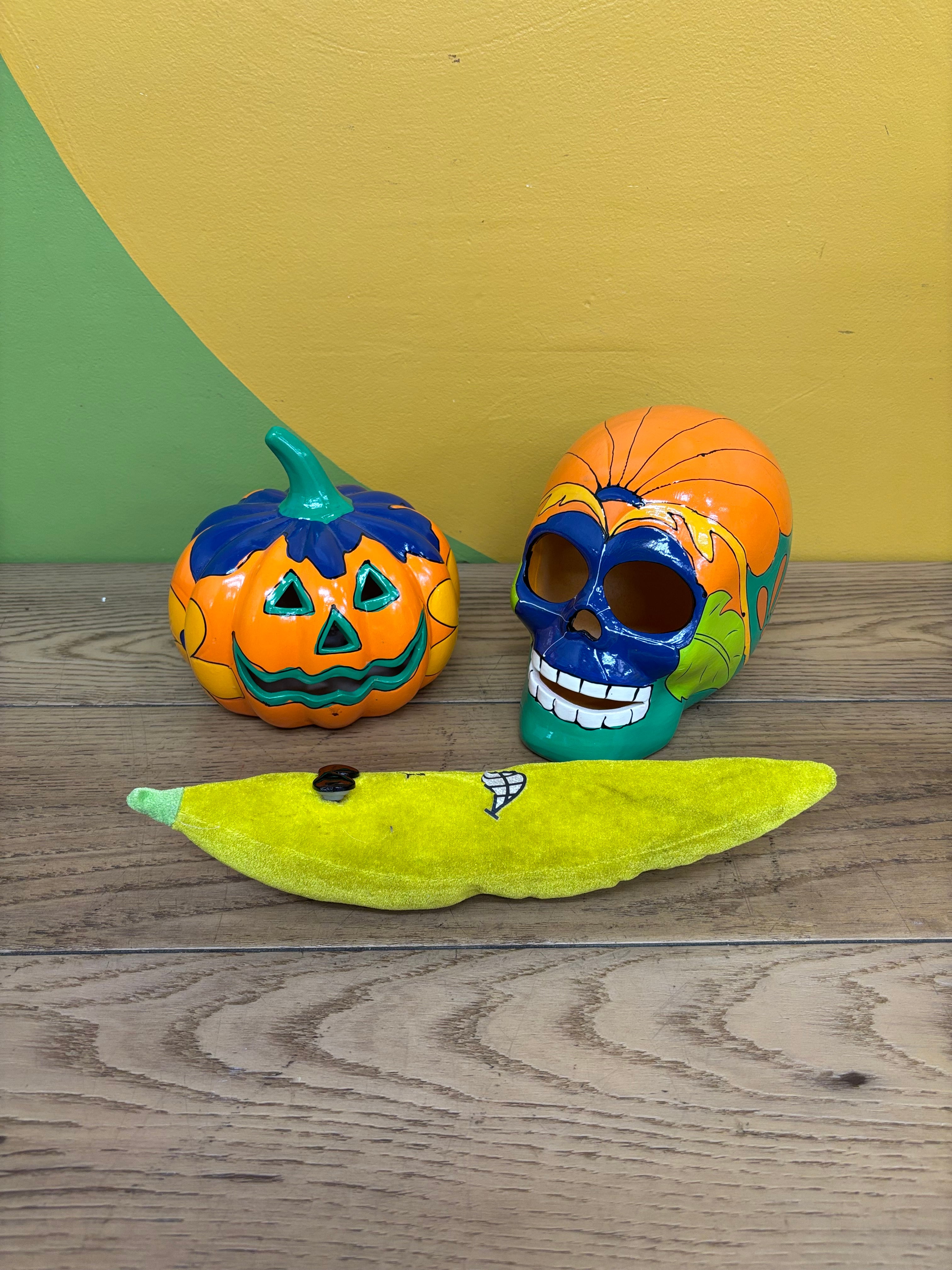 Painted Pumpkin & Skeleton Head