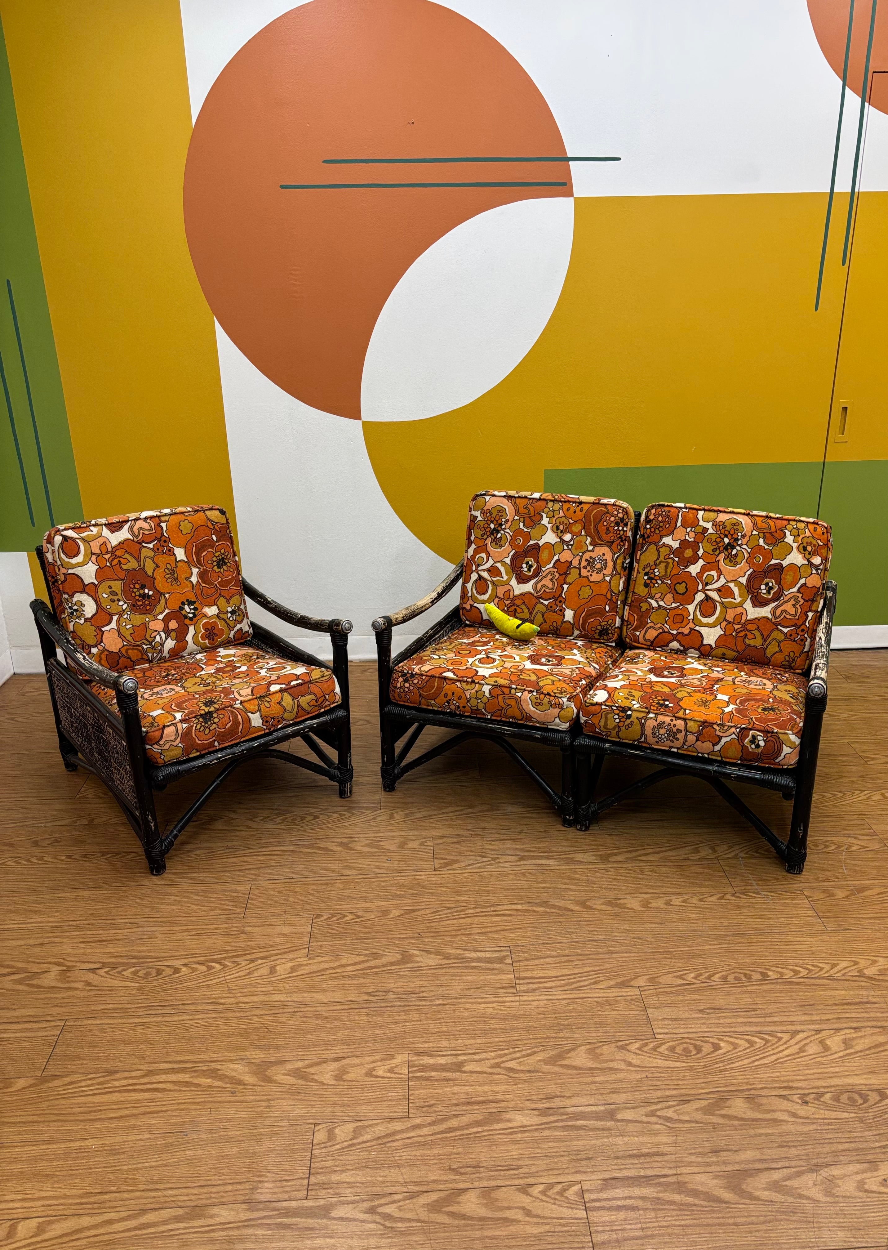 Rattan Loveseat & Matching Armchair