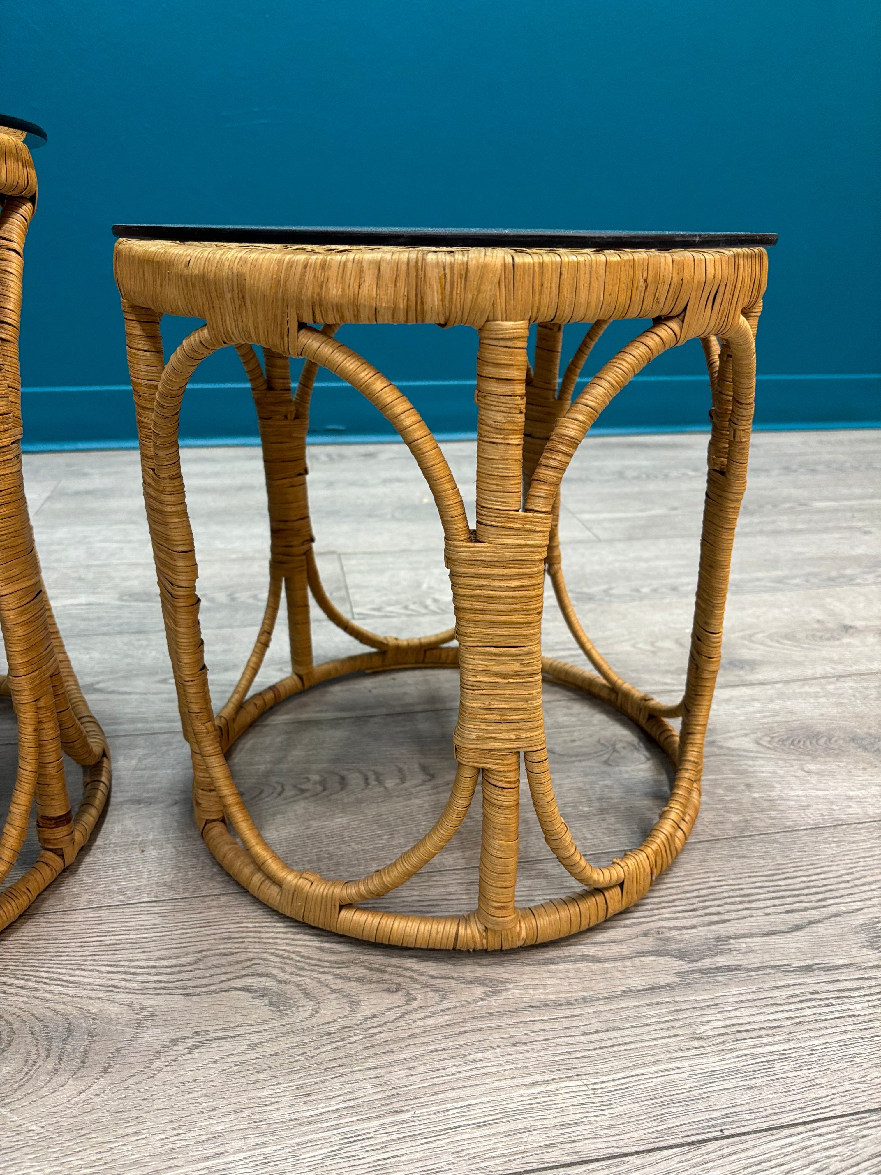 (2) Round Rattan Side Tables with Glass Tops