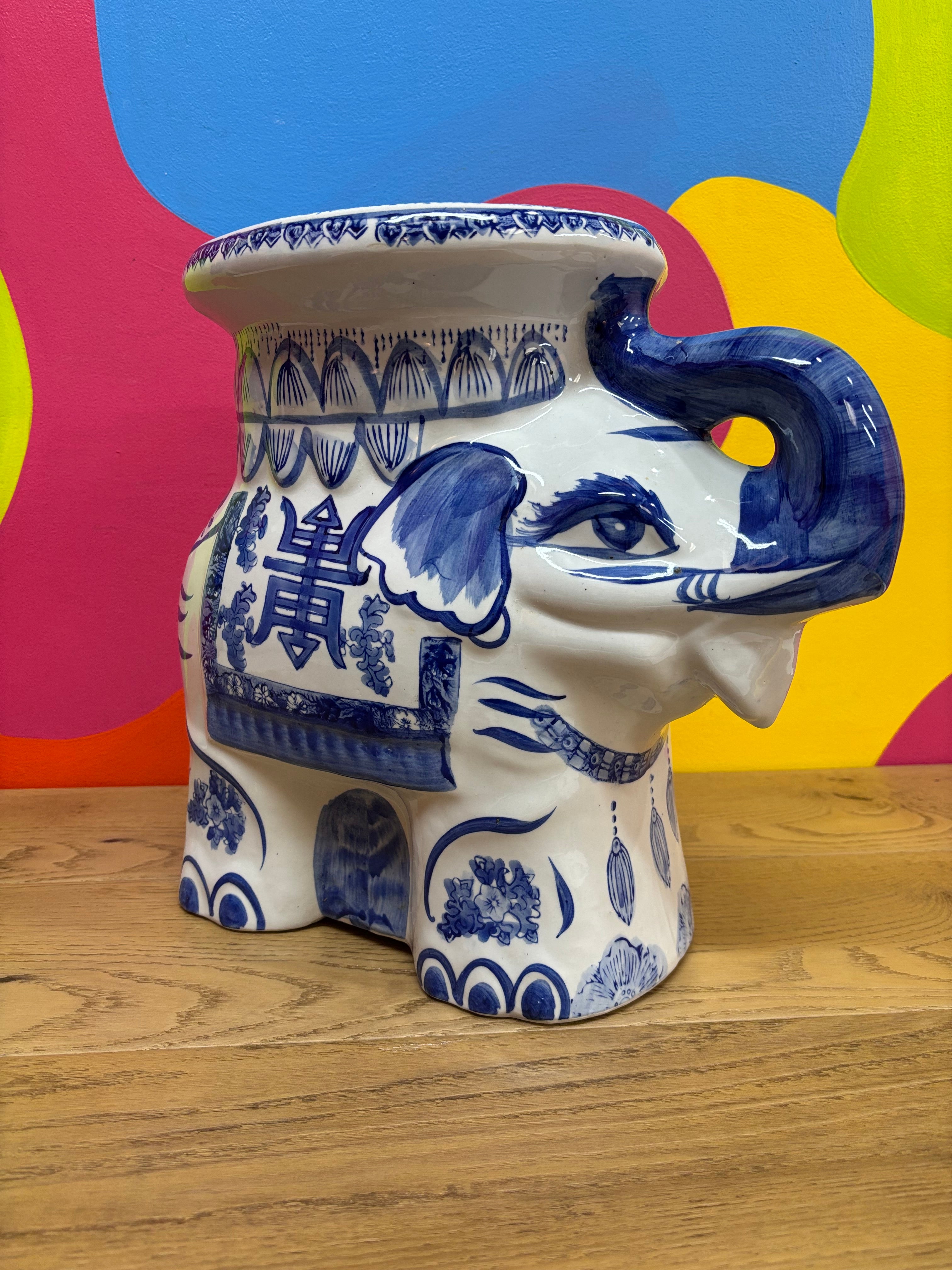 Ceramic Blue & White Elephant Plant Stand - The Bombay Co