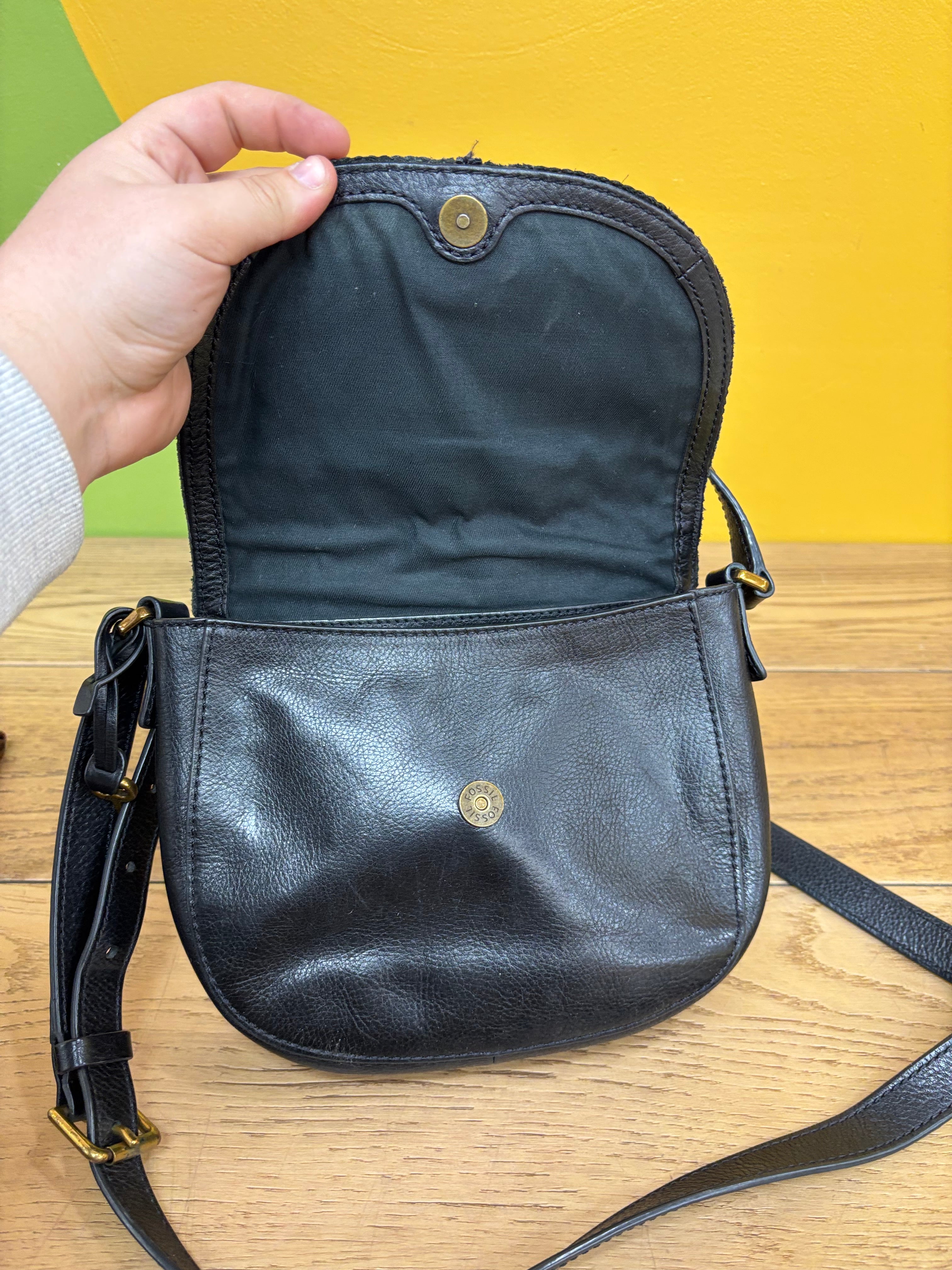Black Fossil Saddle Crossbody Bag