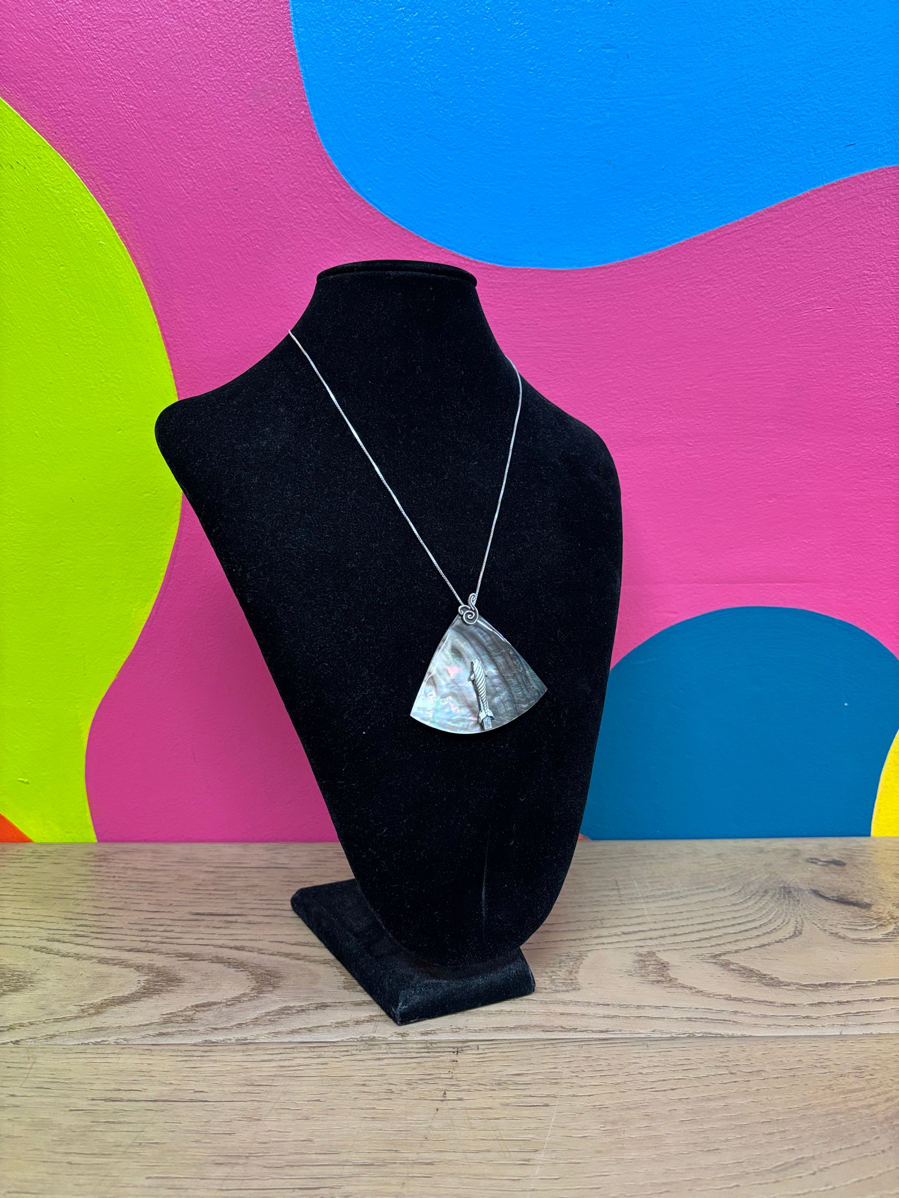 Silver Shell Pendant Necklace with Small Fish