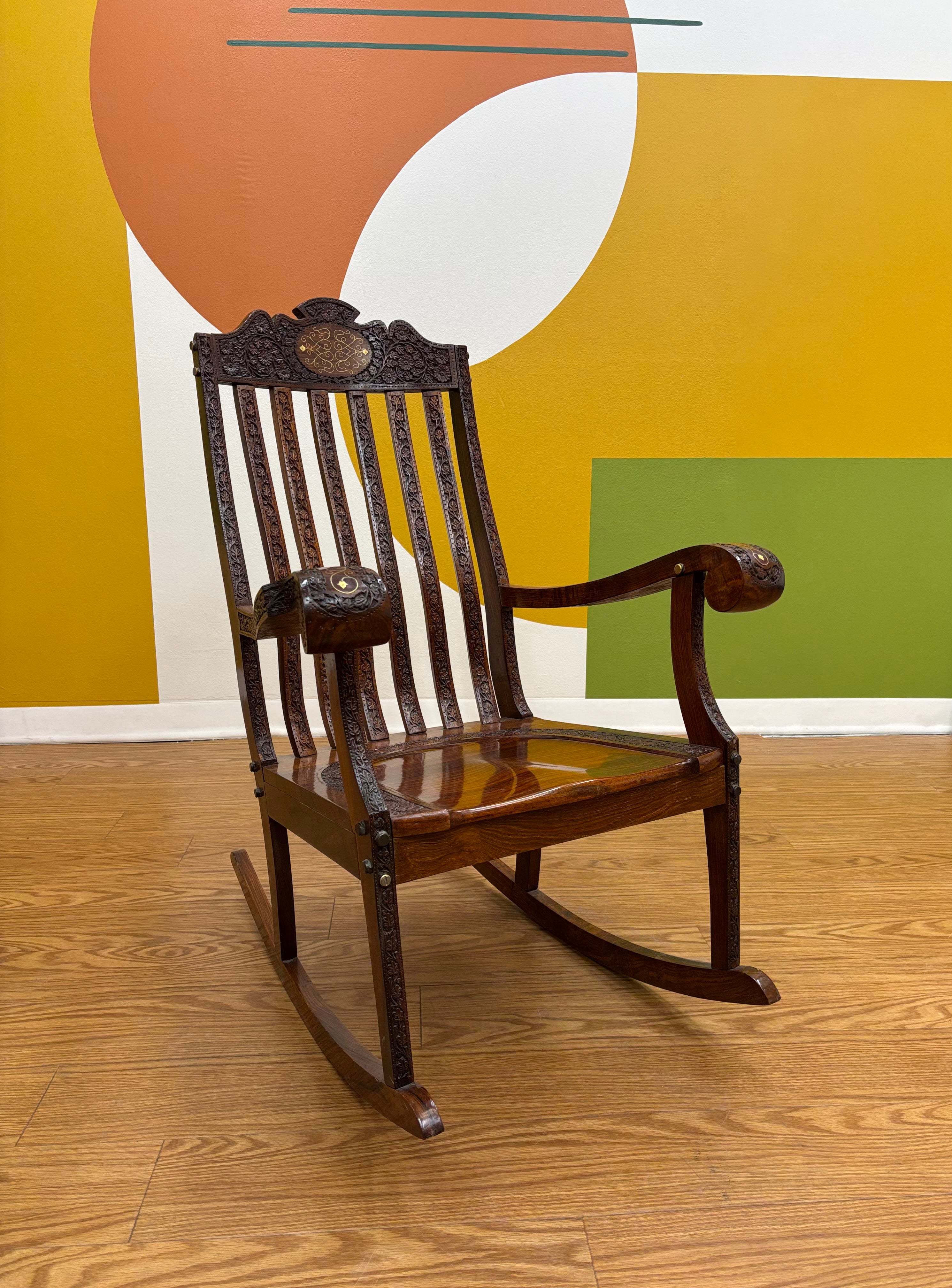 Wood Carved Brass Inlay Rocking Chair