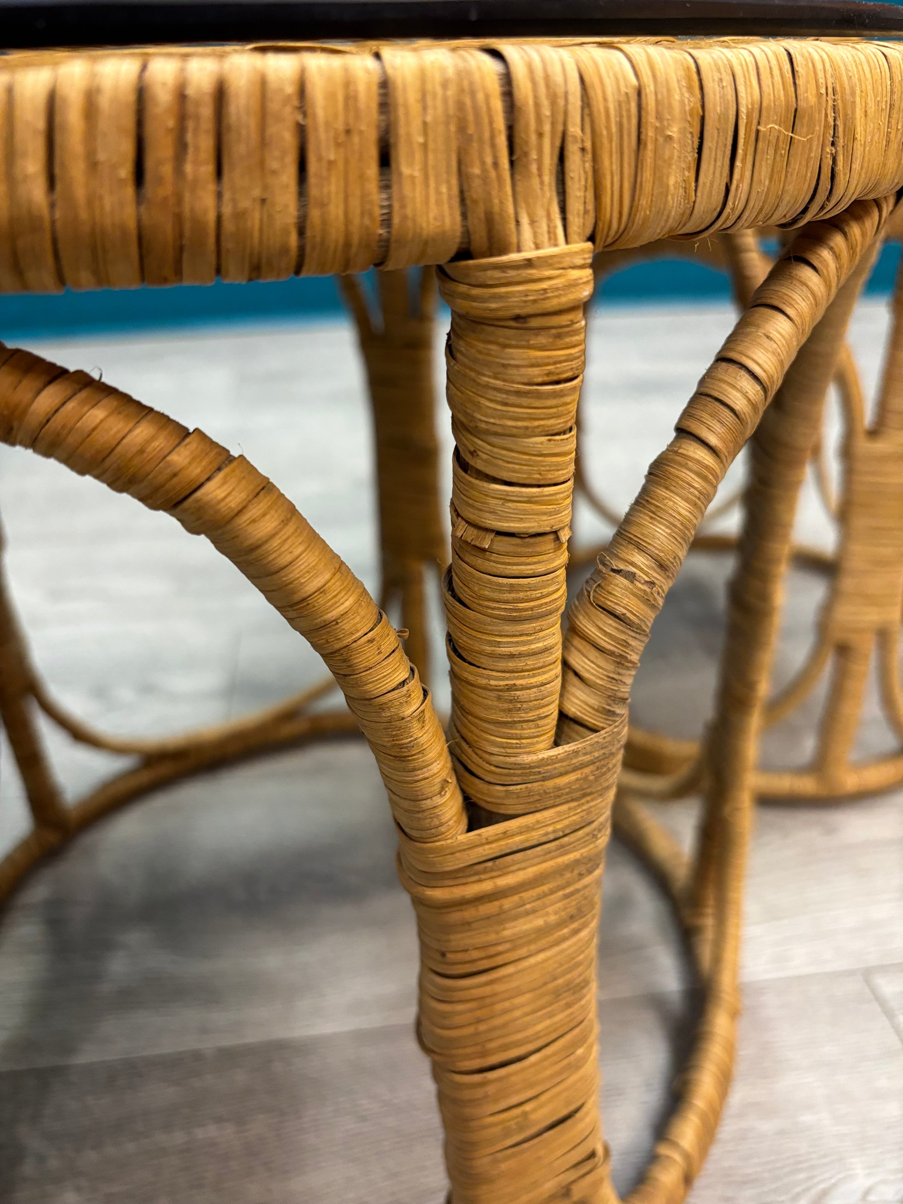 (2) Round Rattan Side Tables with Glass Tops
