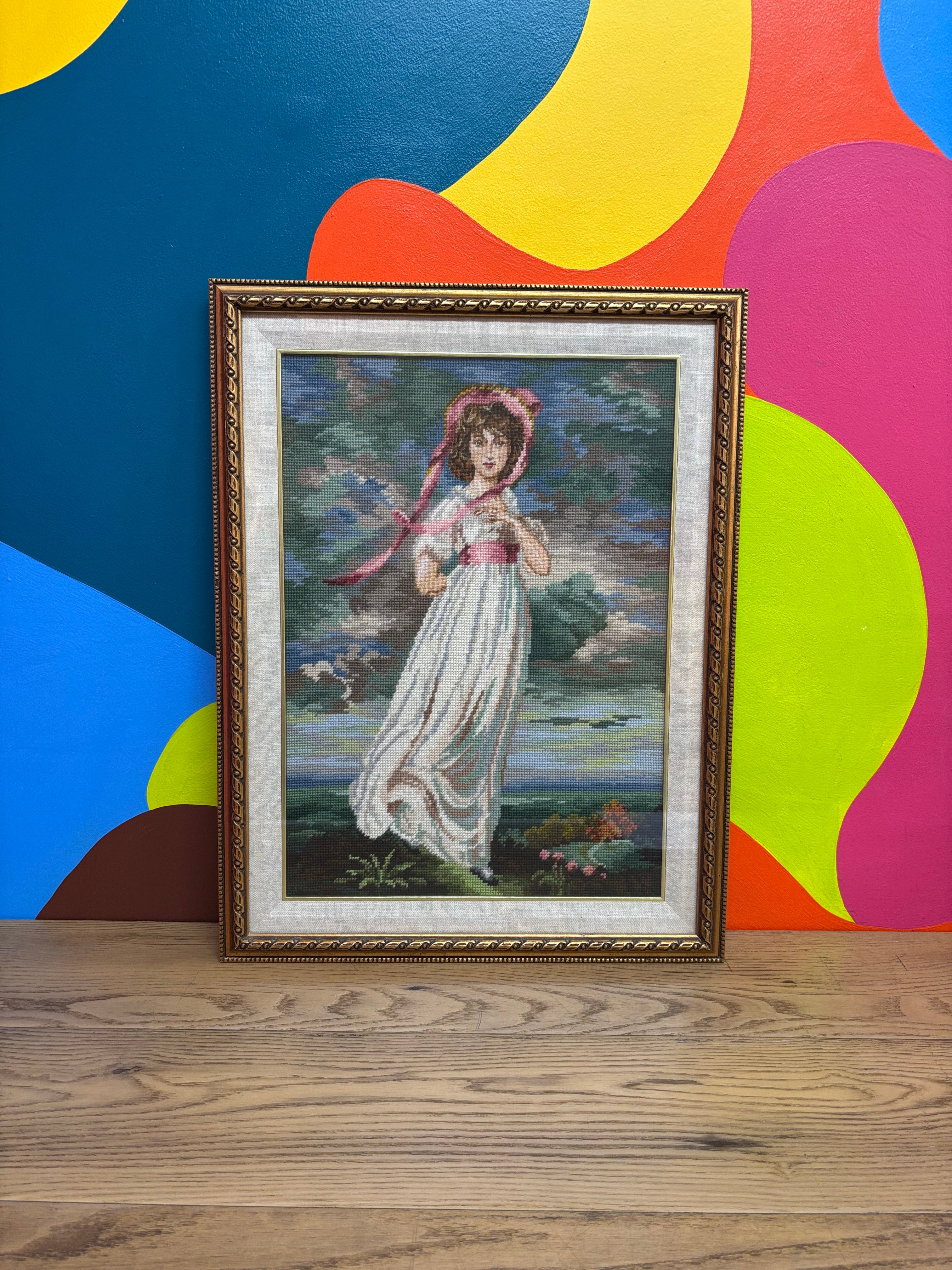 Framed Needlepoint Pink Girl
