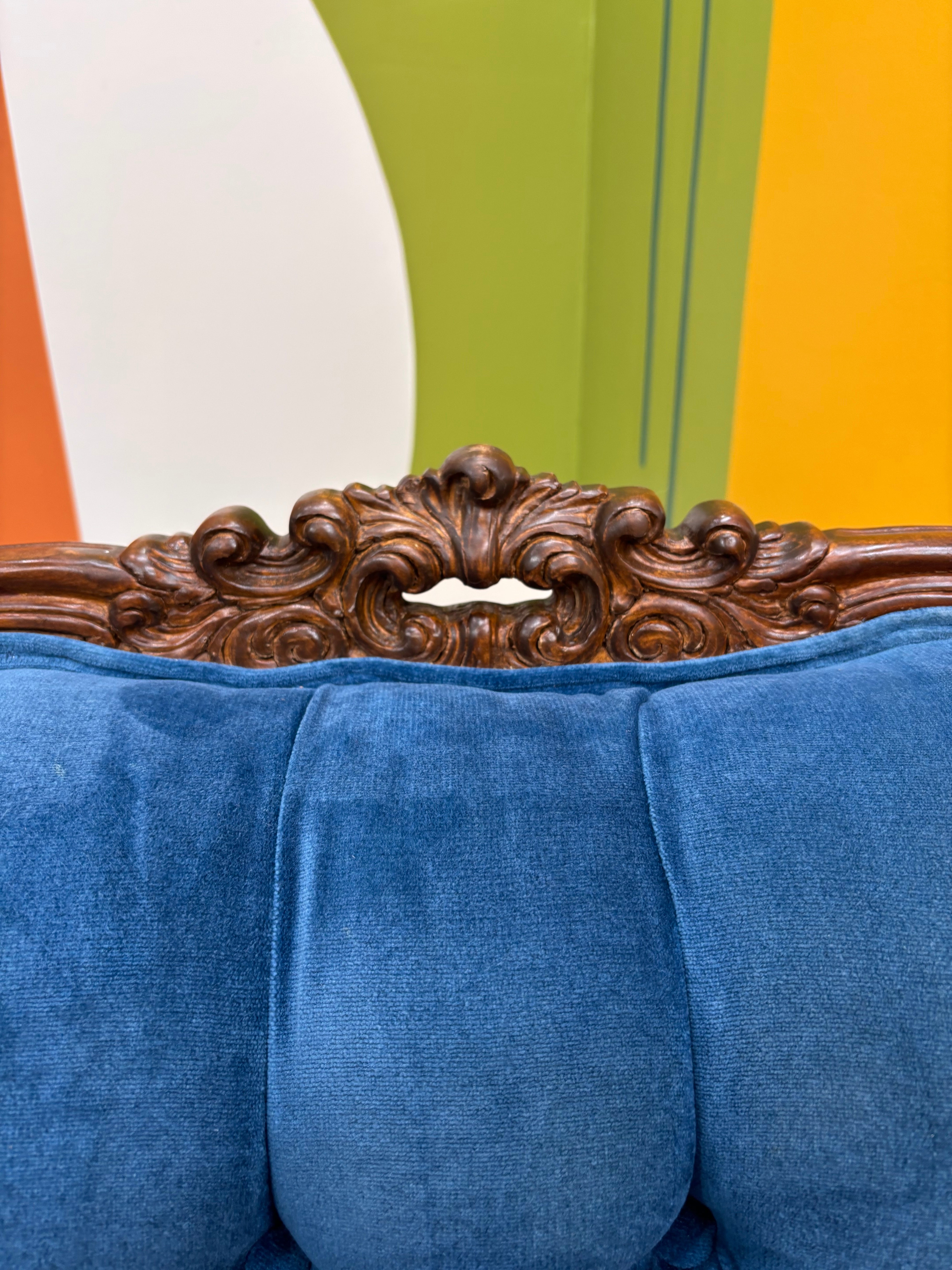 Blue Velvet Carved Wood Loveseat