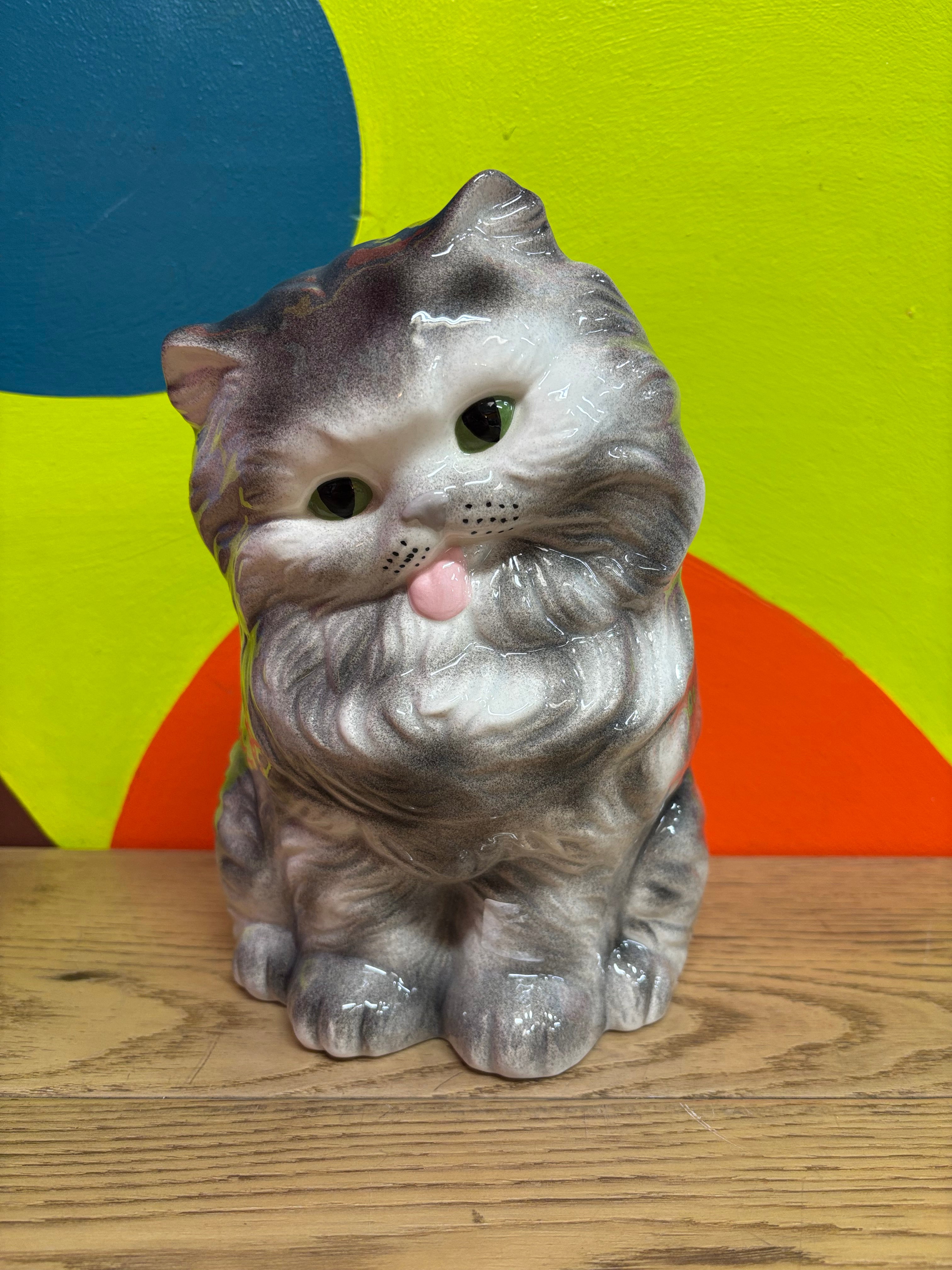 Ceramic Cat with Tongue Out Statue