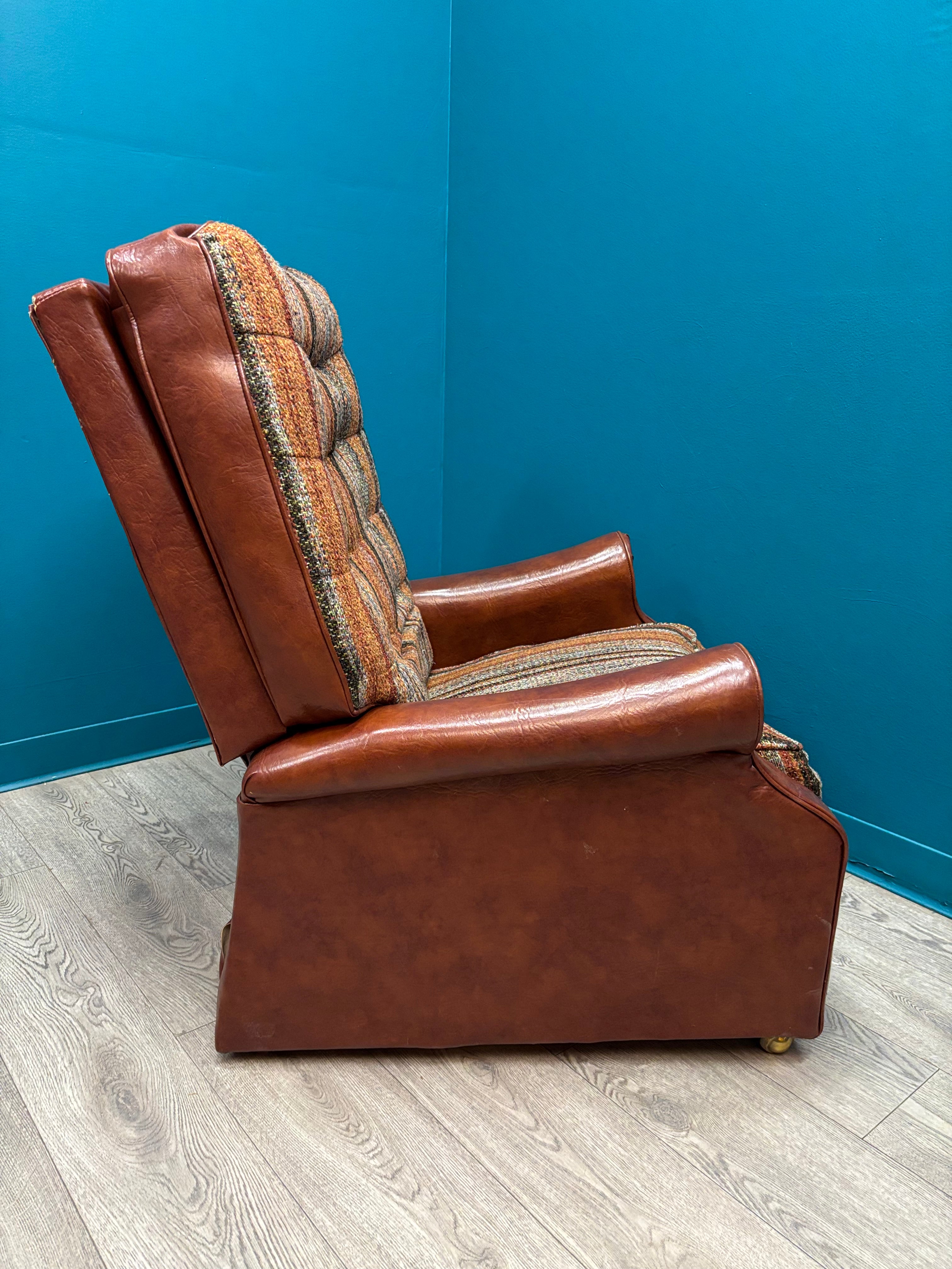 Plaid & Brown Pleather Recliner