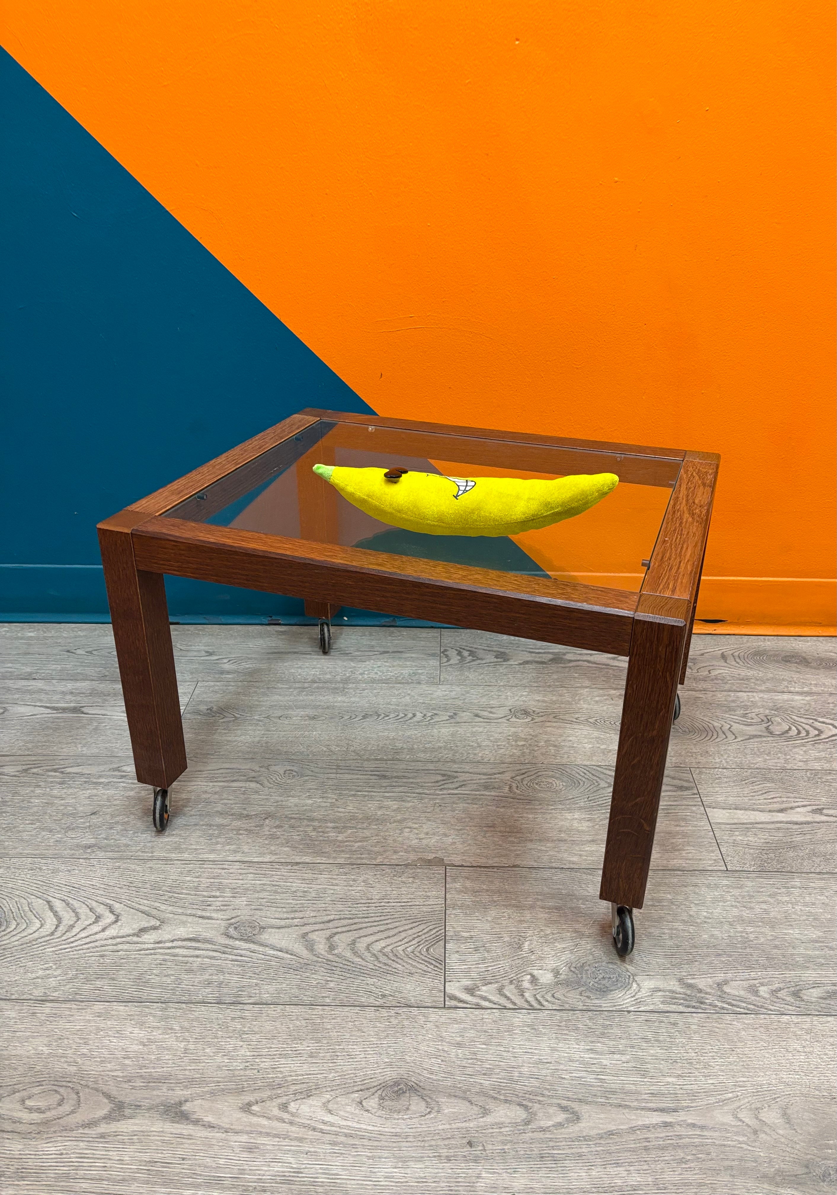 Wood & Glass Side Table on Wheels