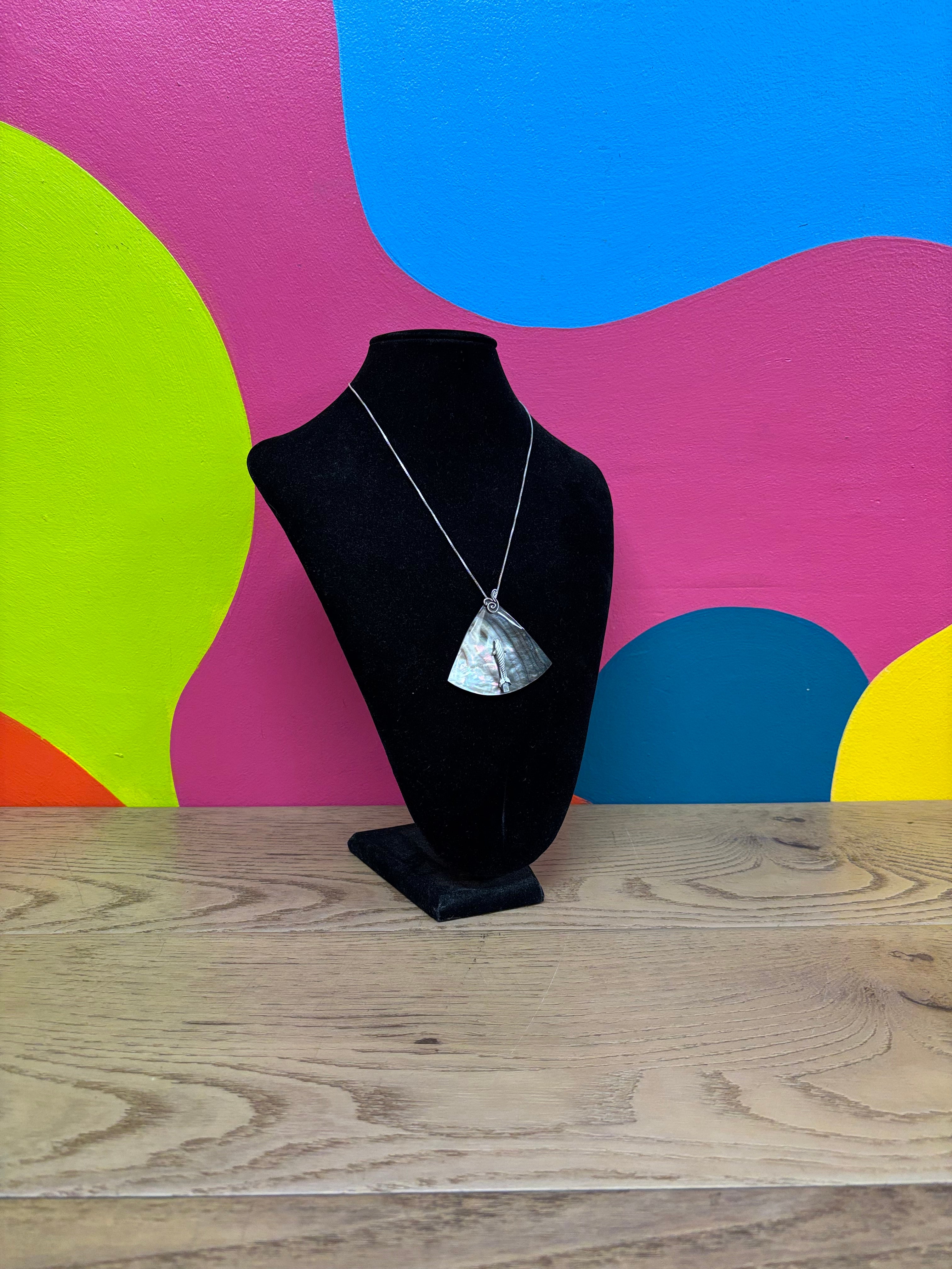 Silver Shell Pendant Necklace with Small Fish