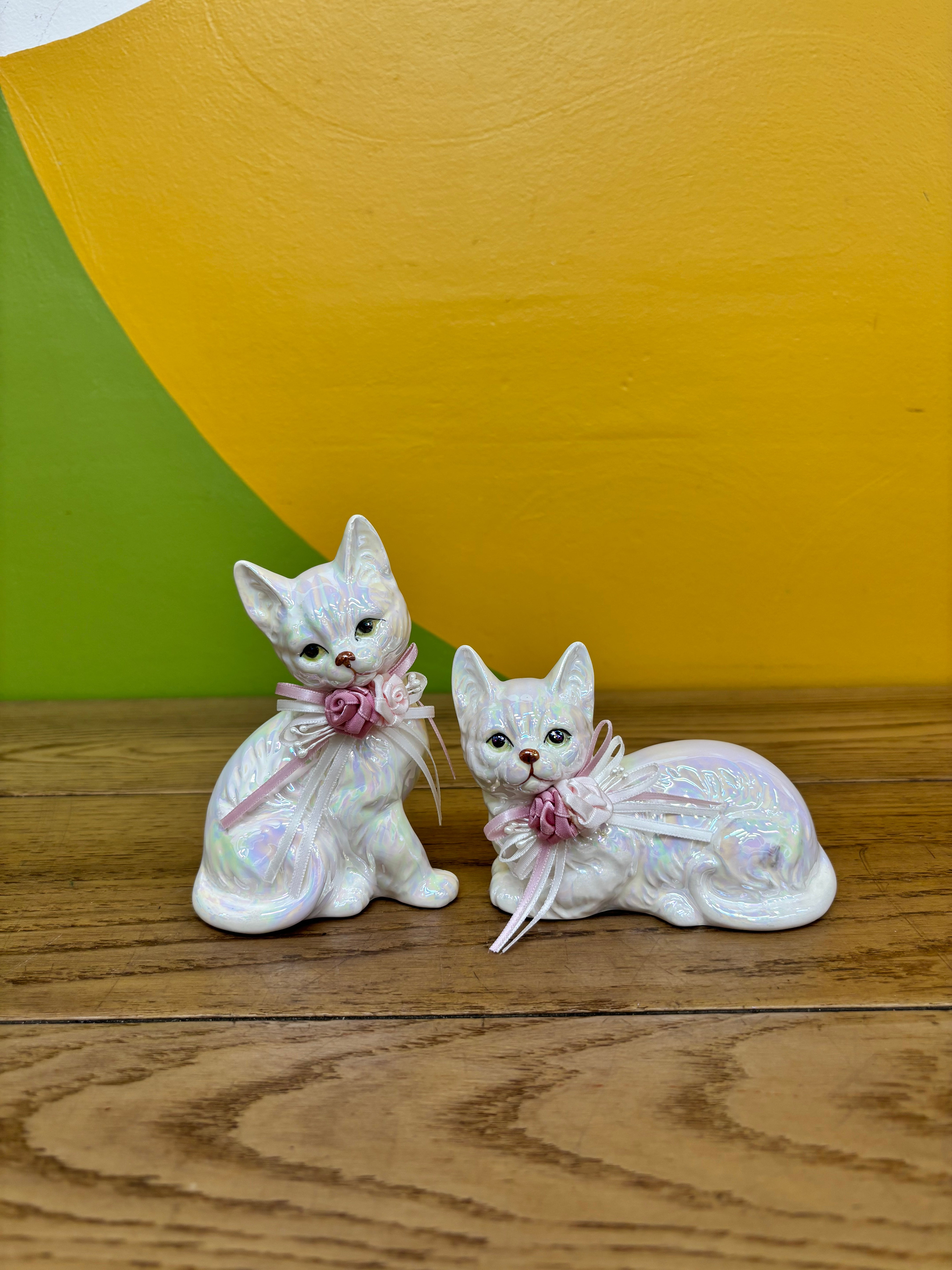 Iridescent Porcelain Cat Figurines (2)