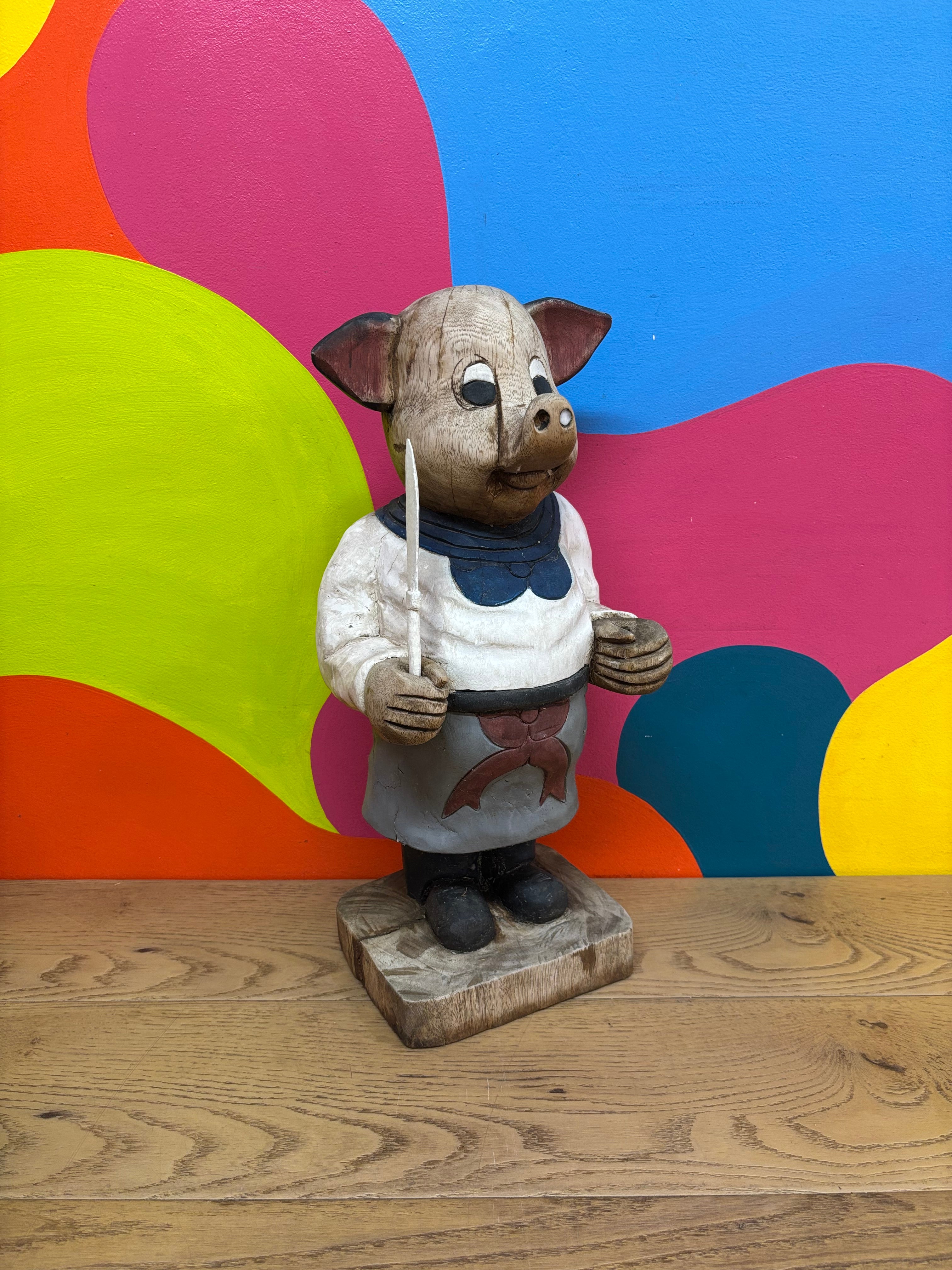 Wood Pig Chef Statue