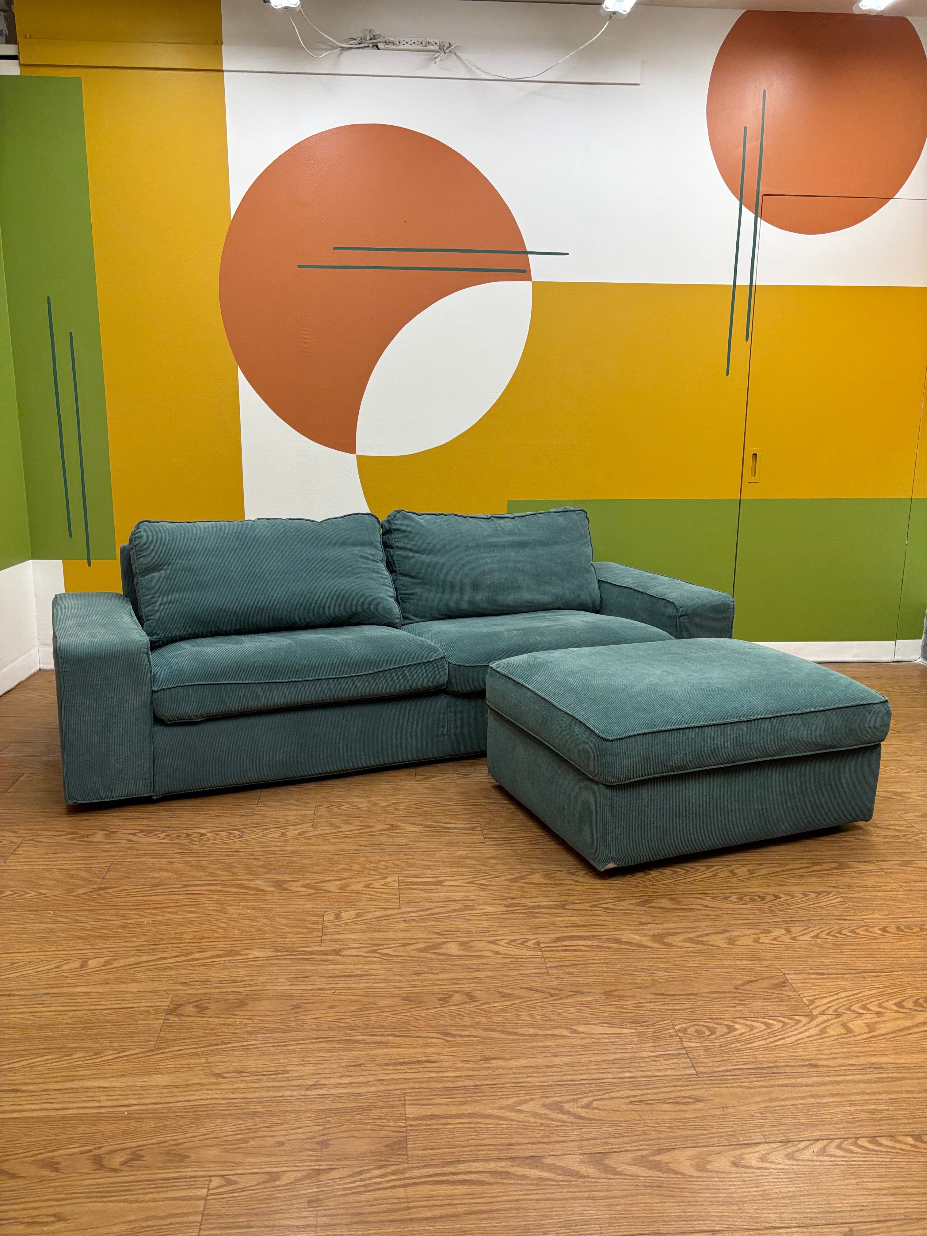 Teal Fabric Loveseat with Ottoman
