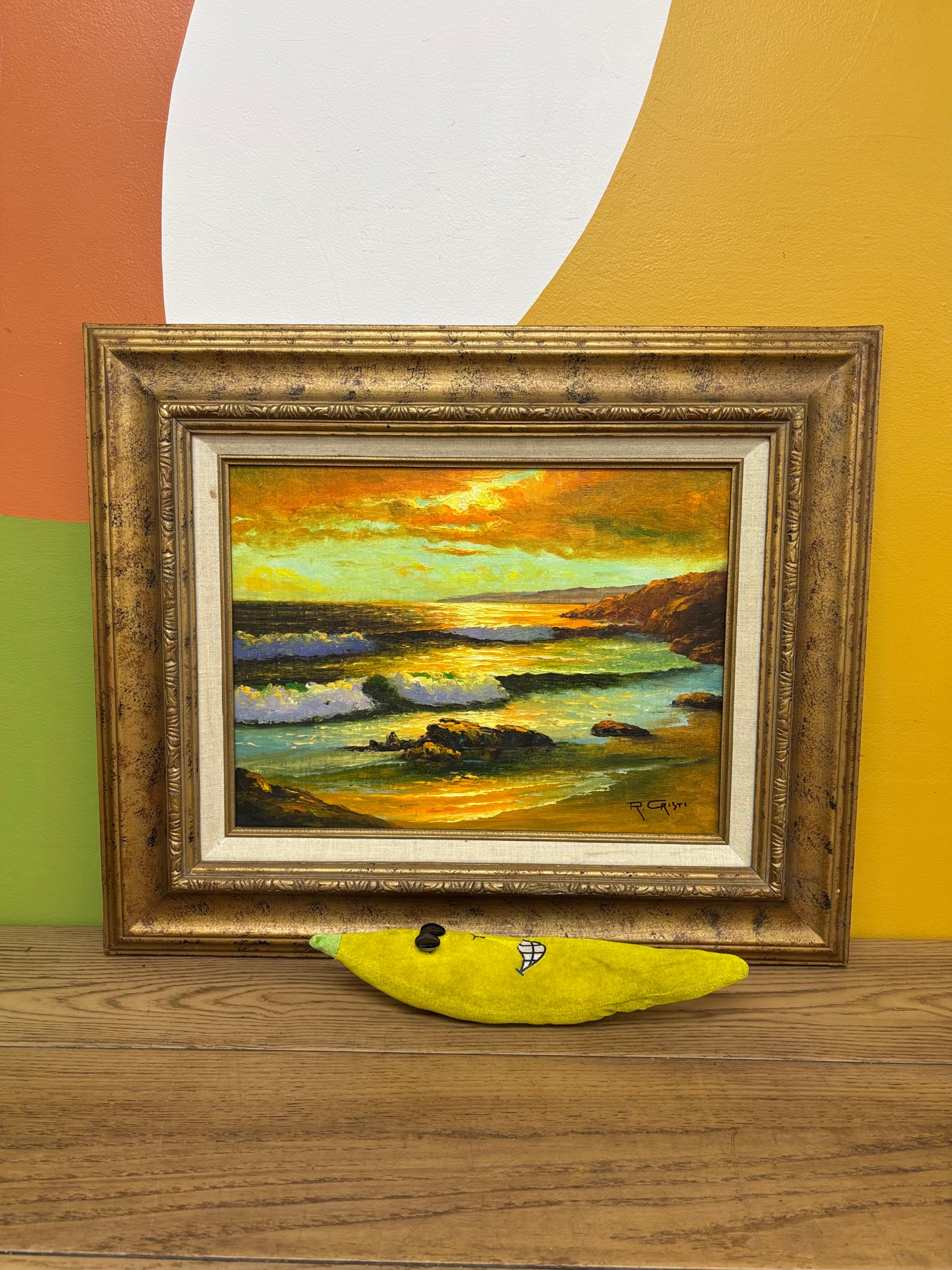 Framed Oil Painting “Sunset Beach” by R. Cristi.