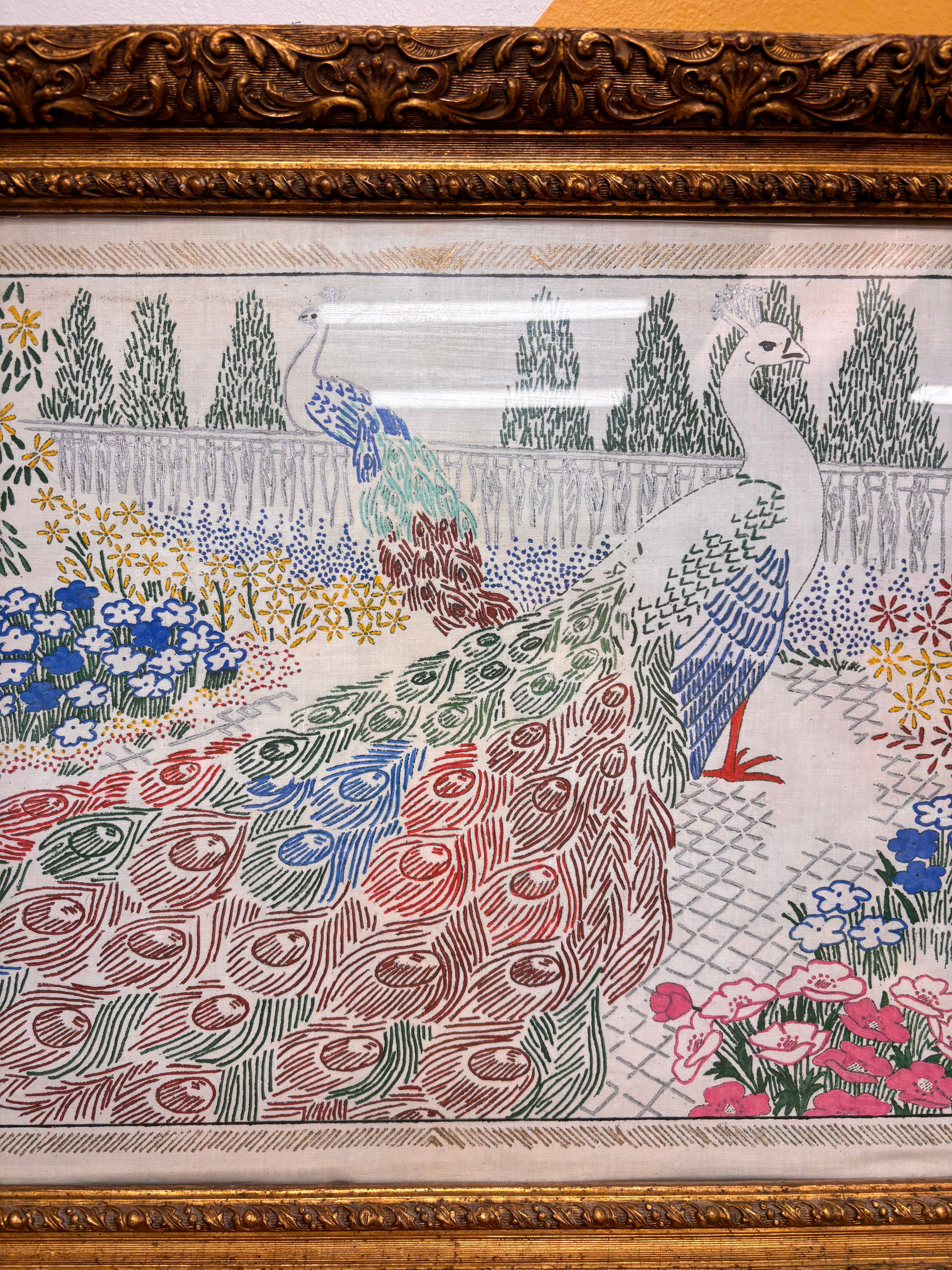 Gold Framed Embroidered Peacock Art