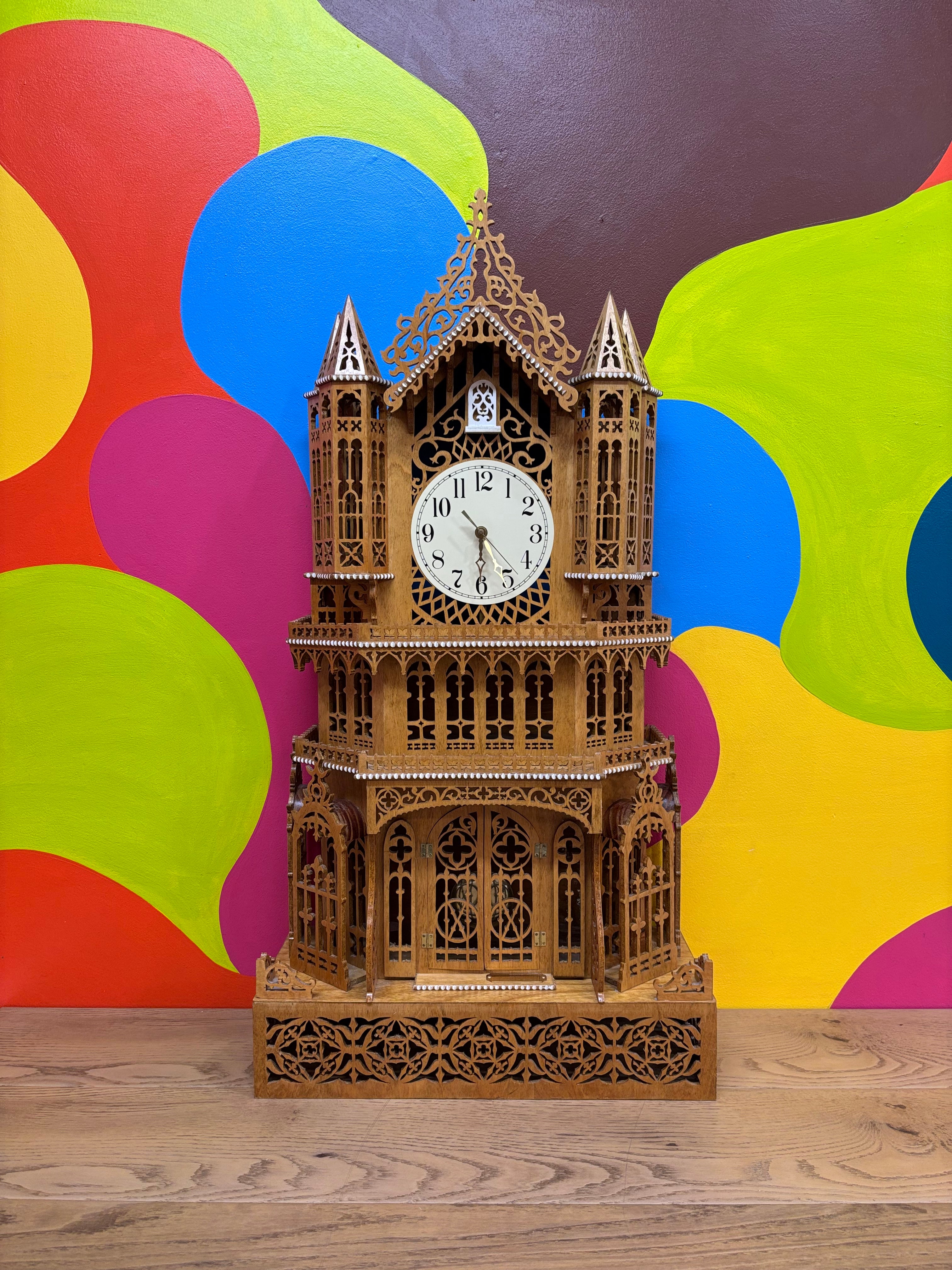 Roman Cathedral Style Wood Clock with Shelf