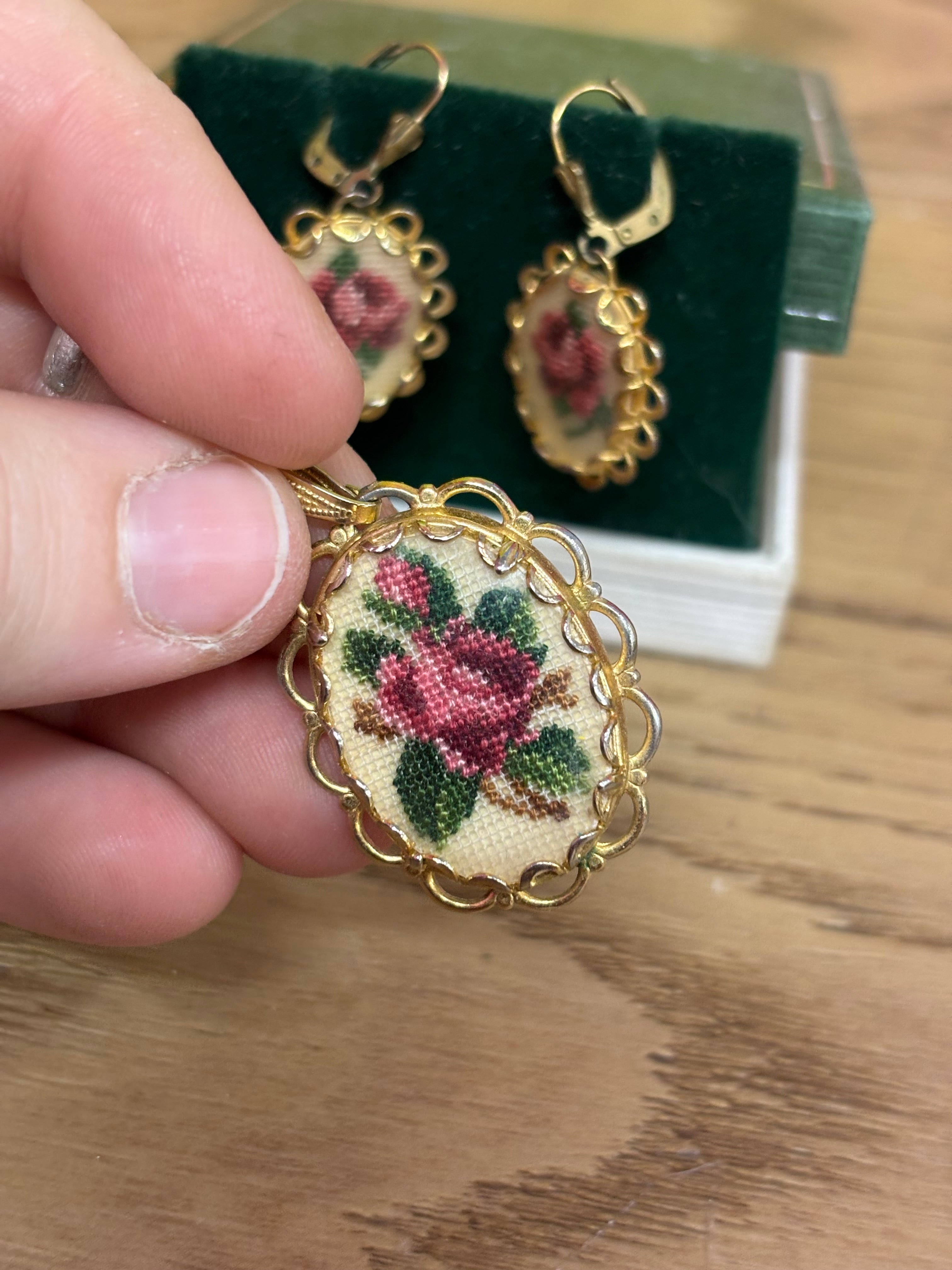 Needlepoint Earrings & Matching Pendant