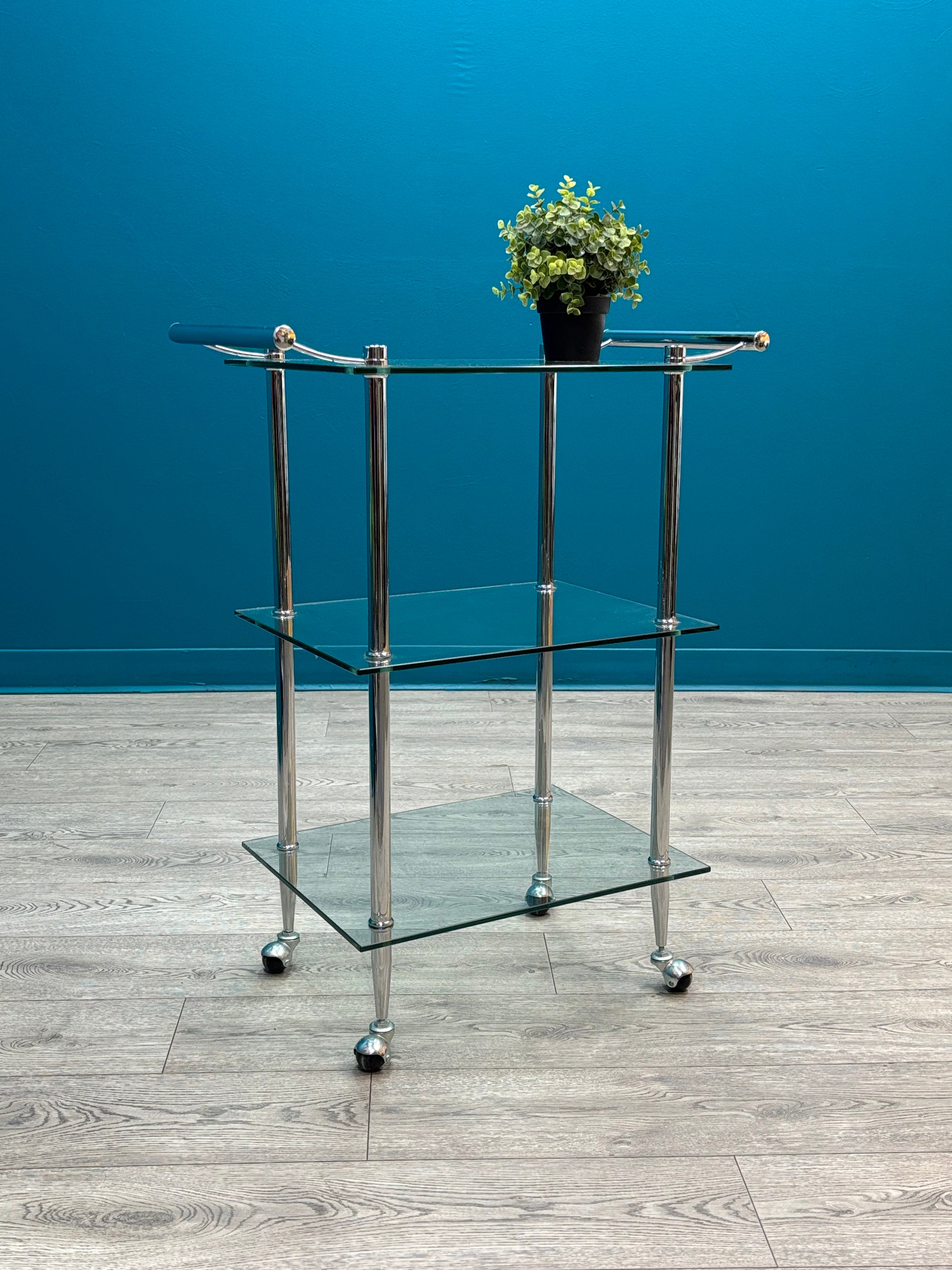 3 Tier Chrome & Glass Bar Cart on Wheels