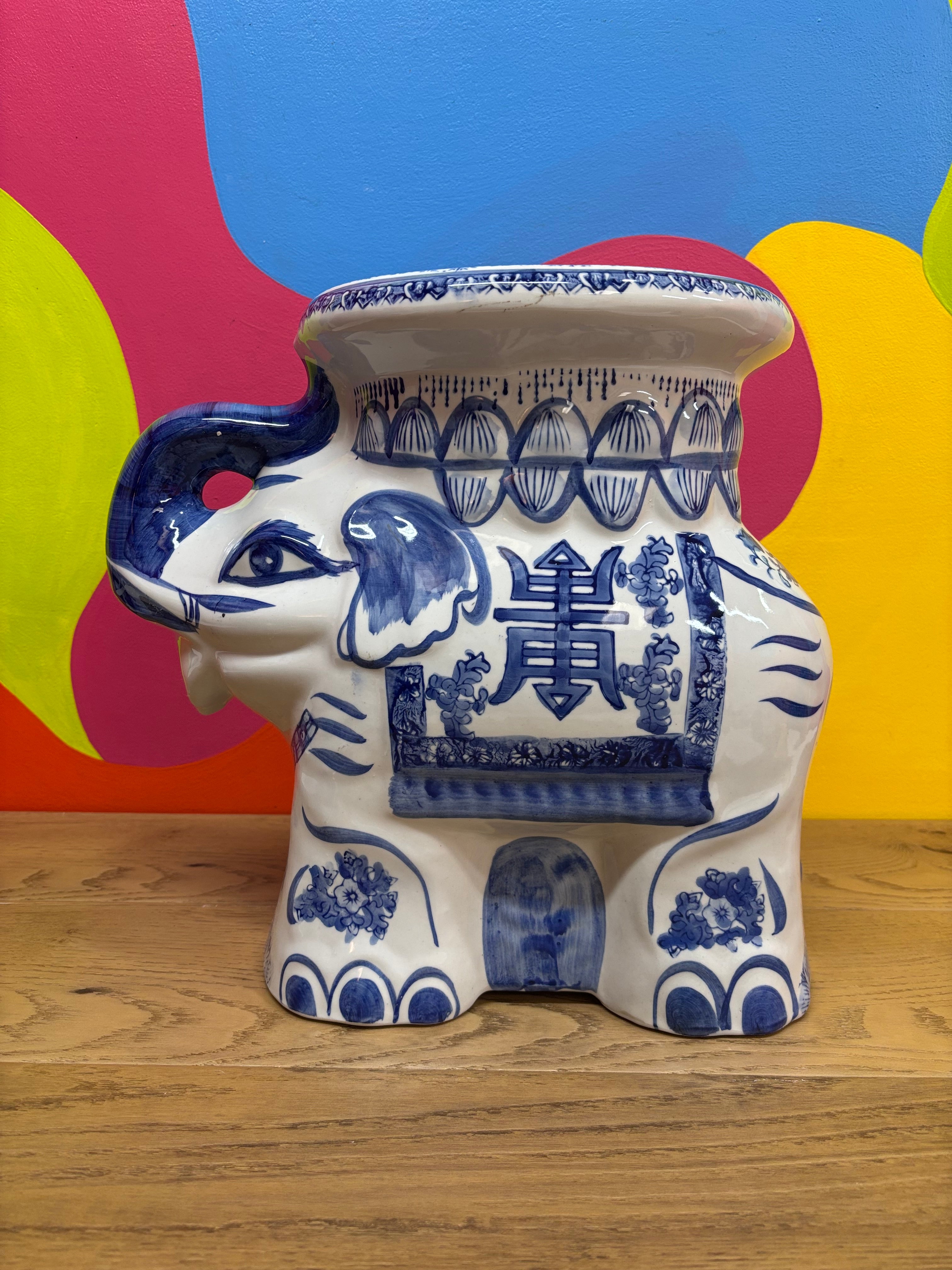 Ceramic Blue & White Elephant Plant Stand - The Bombay Co