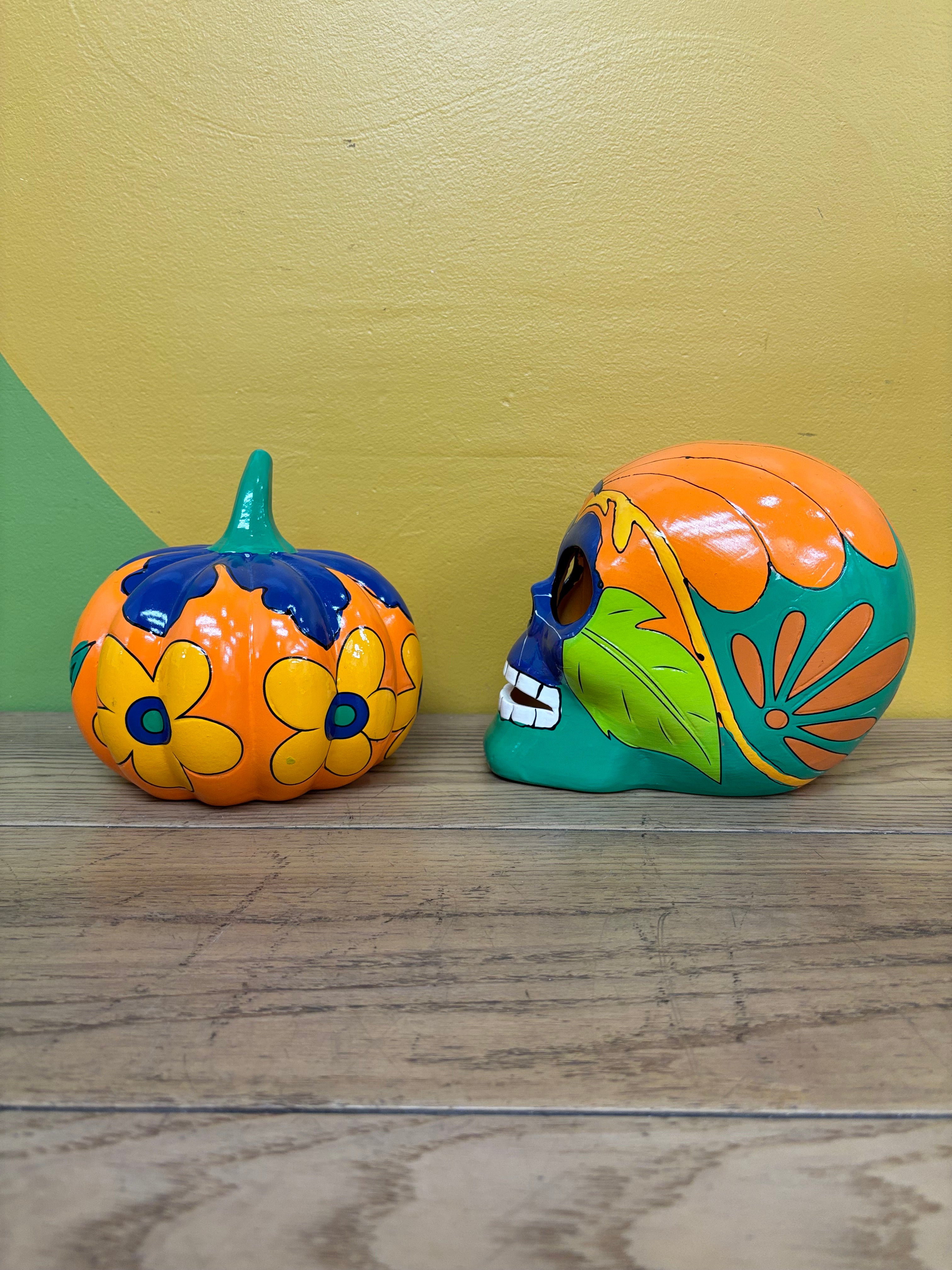 Painted Pumpkin & Skeleton Head