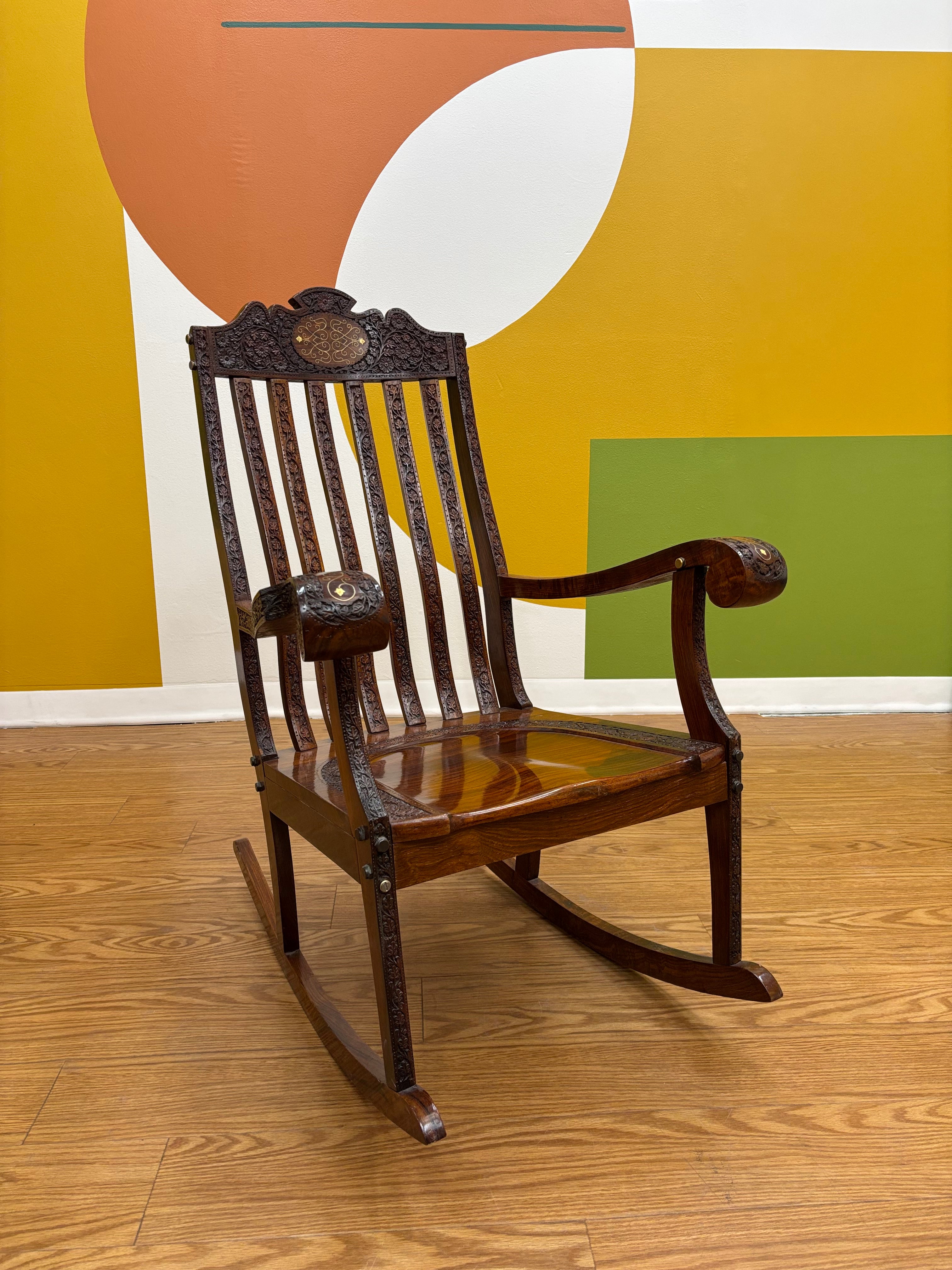Wood Carved Brass Inlay Rocking Chair