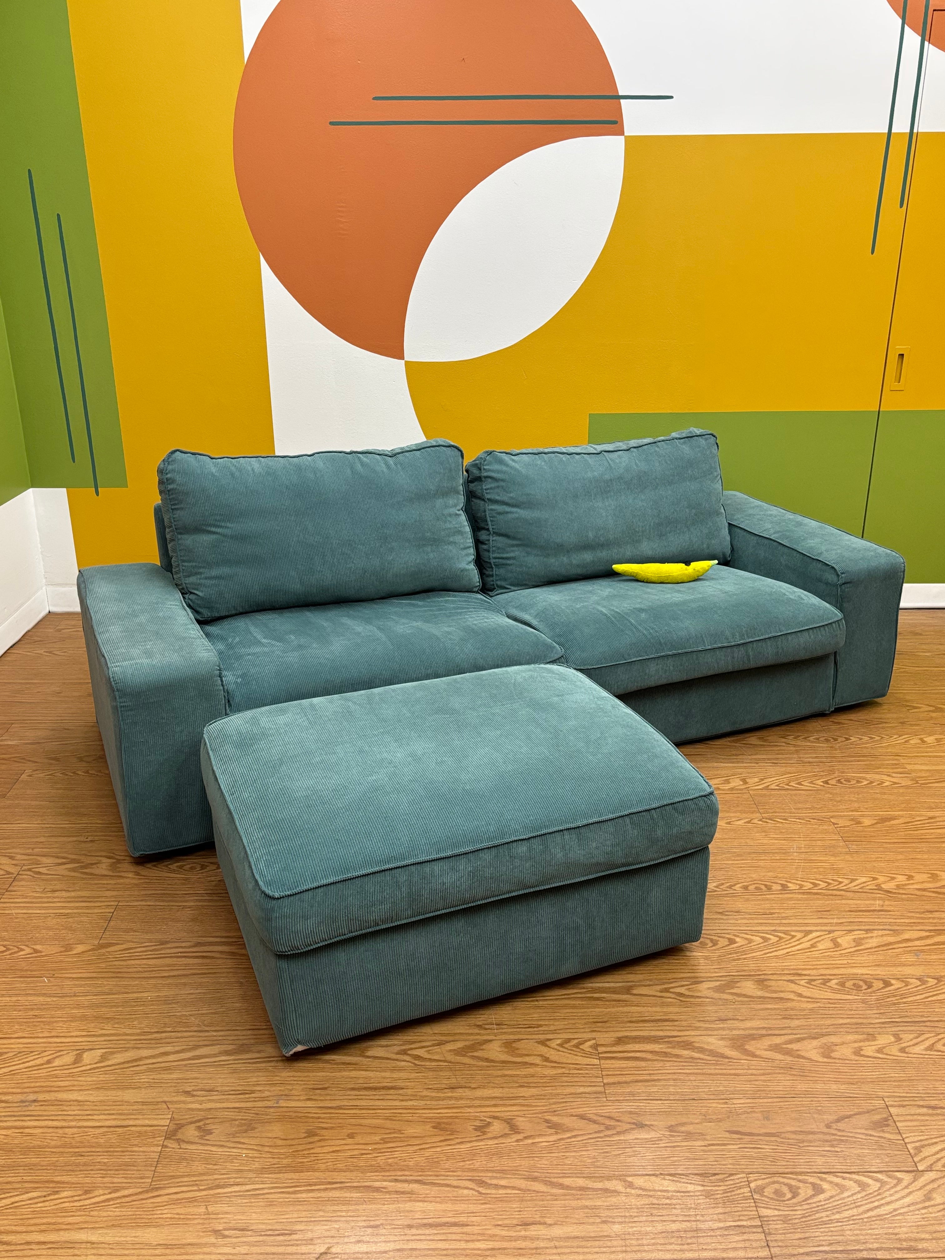 Teal Fabric Loveseat with Ottoman