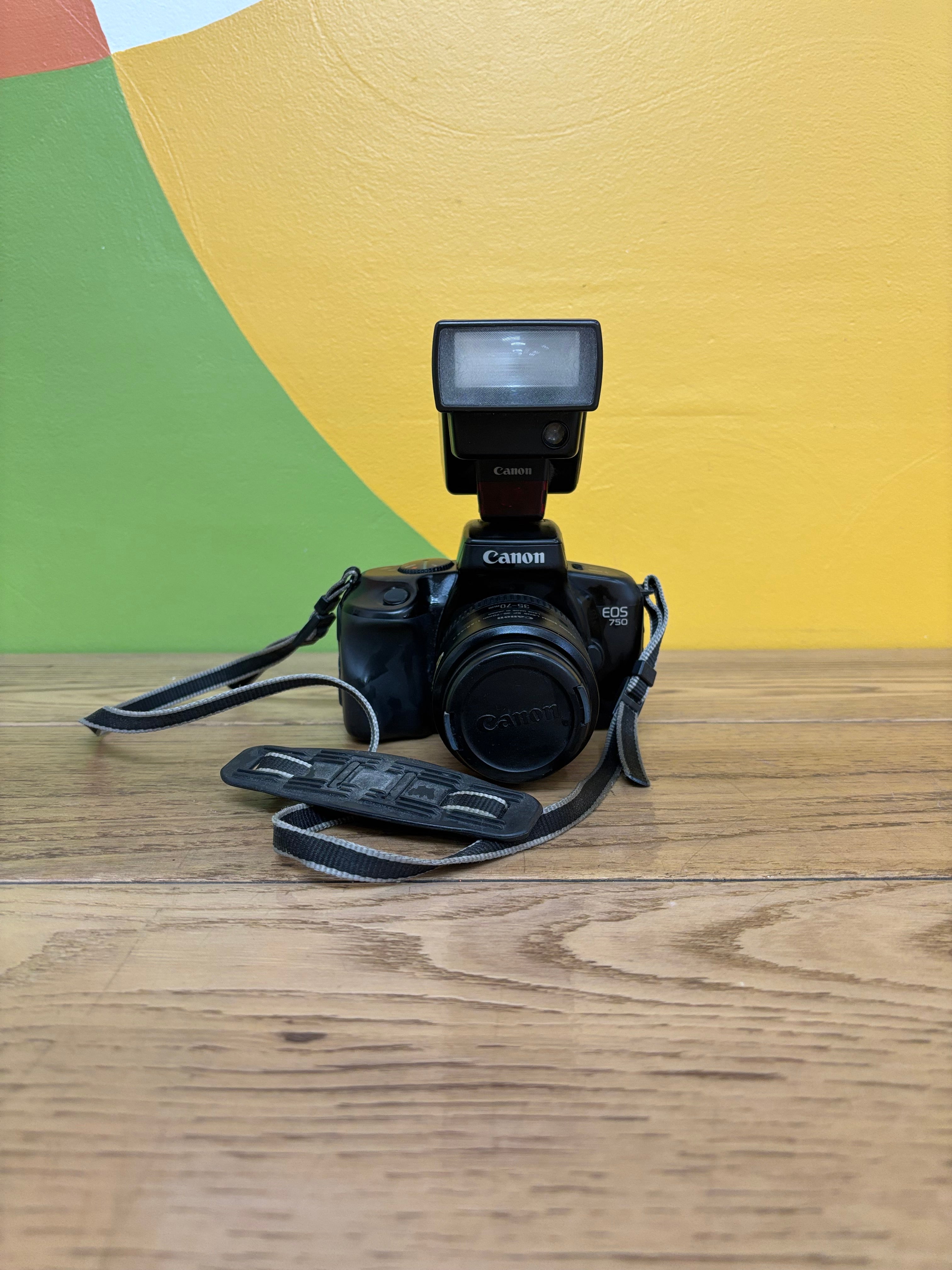 Canon EOS 750 Film Camera with Speedlite 300EZ Attached Flash