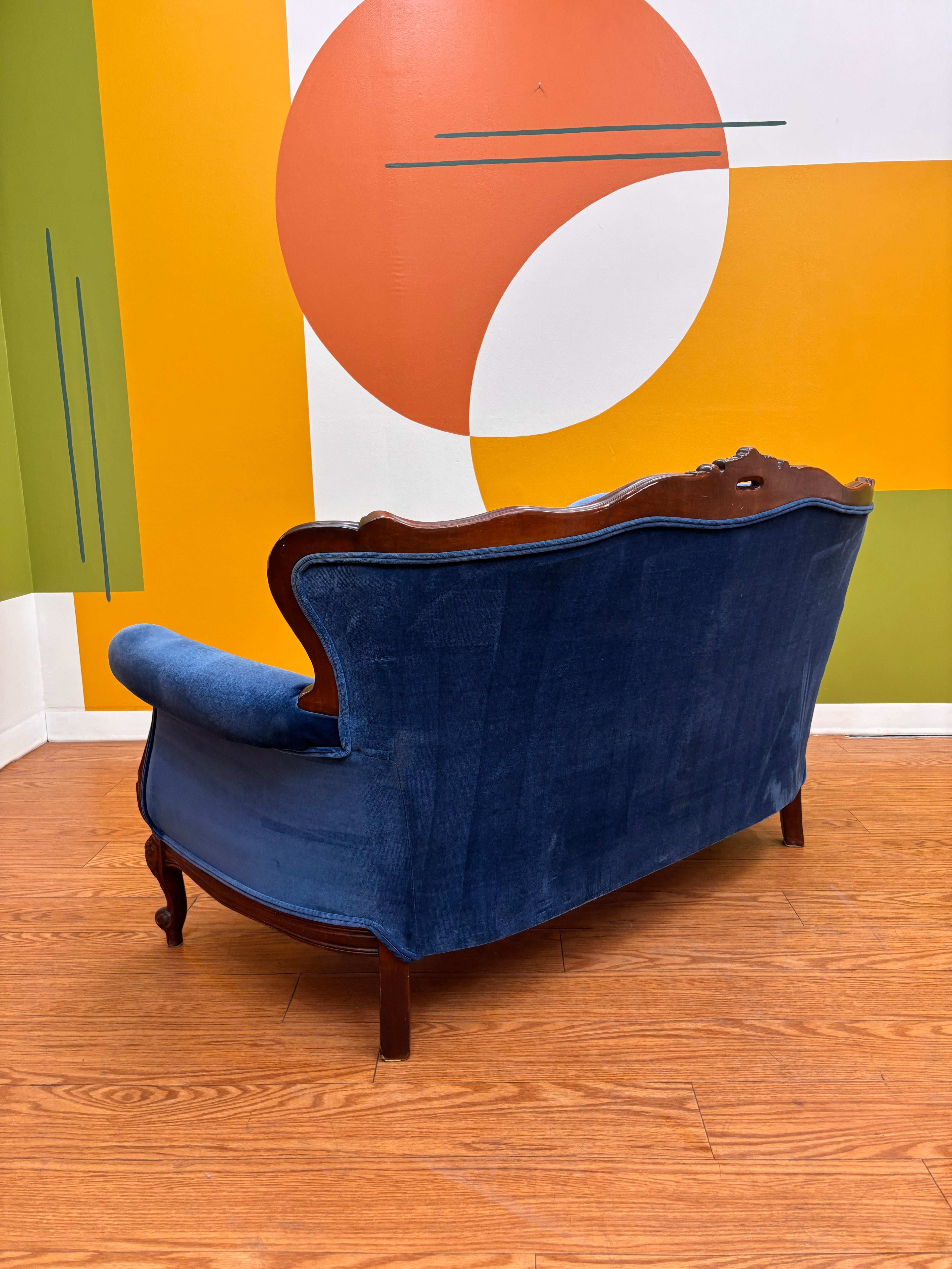 Blue Velvet Carved Wood Loveseat