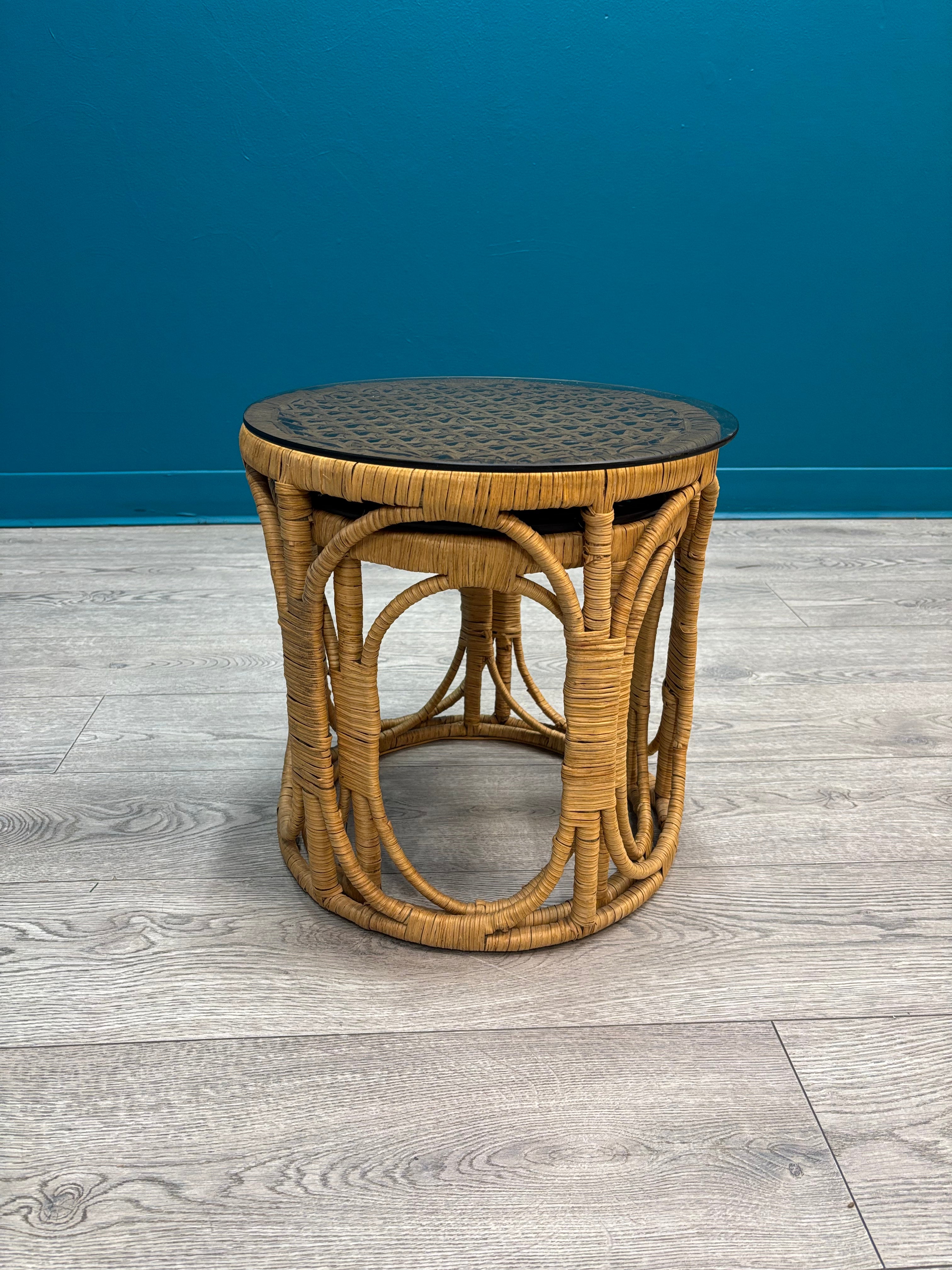 (2) Round Rattan Side Tables with Glass Tops