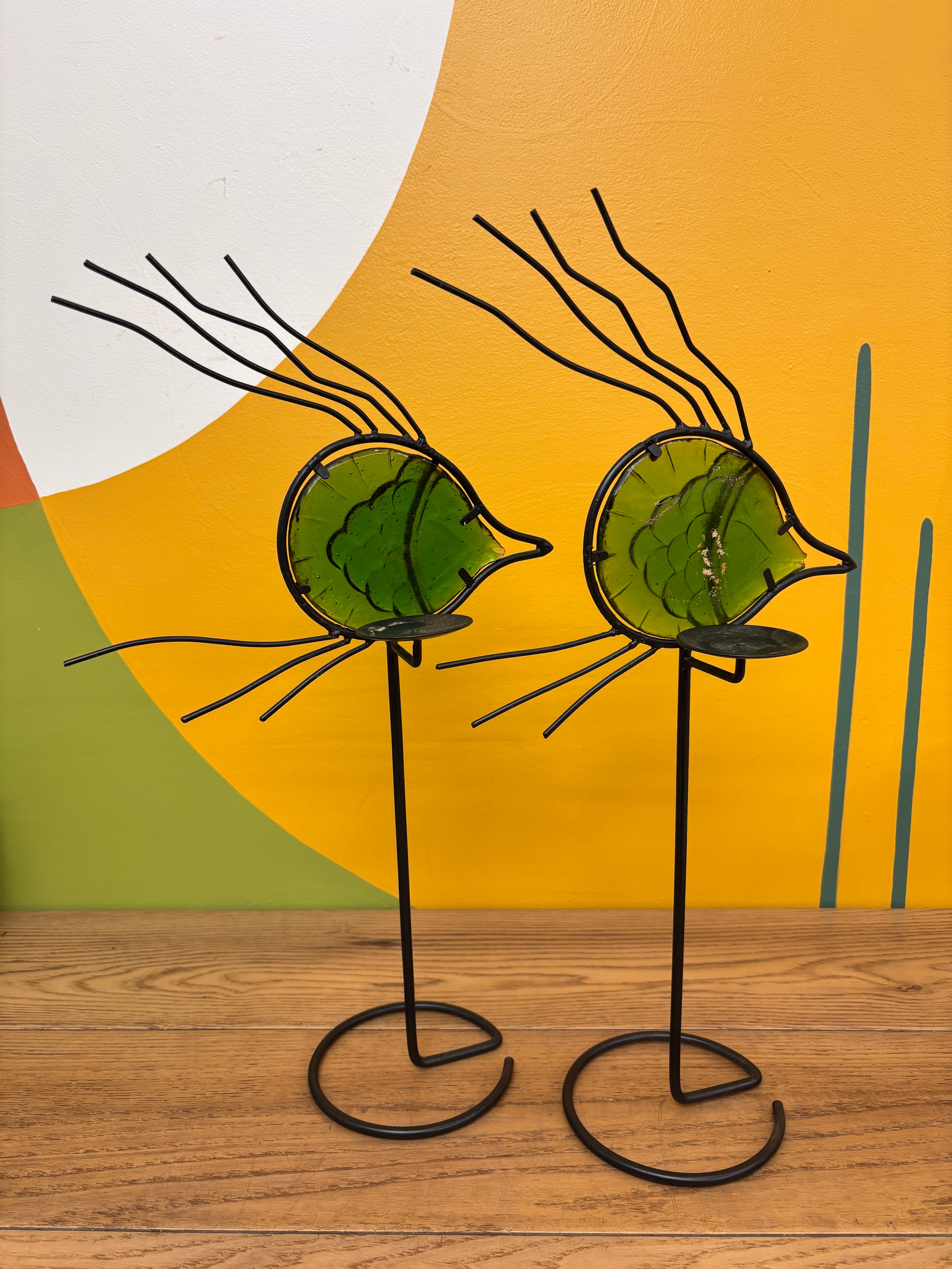 Green Glass Fish Candle Holders (2)