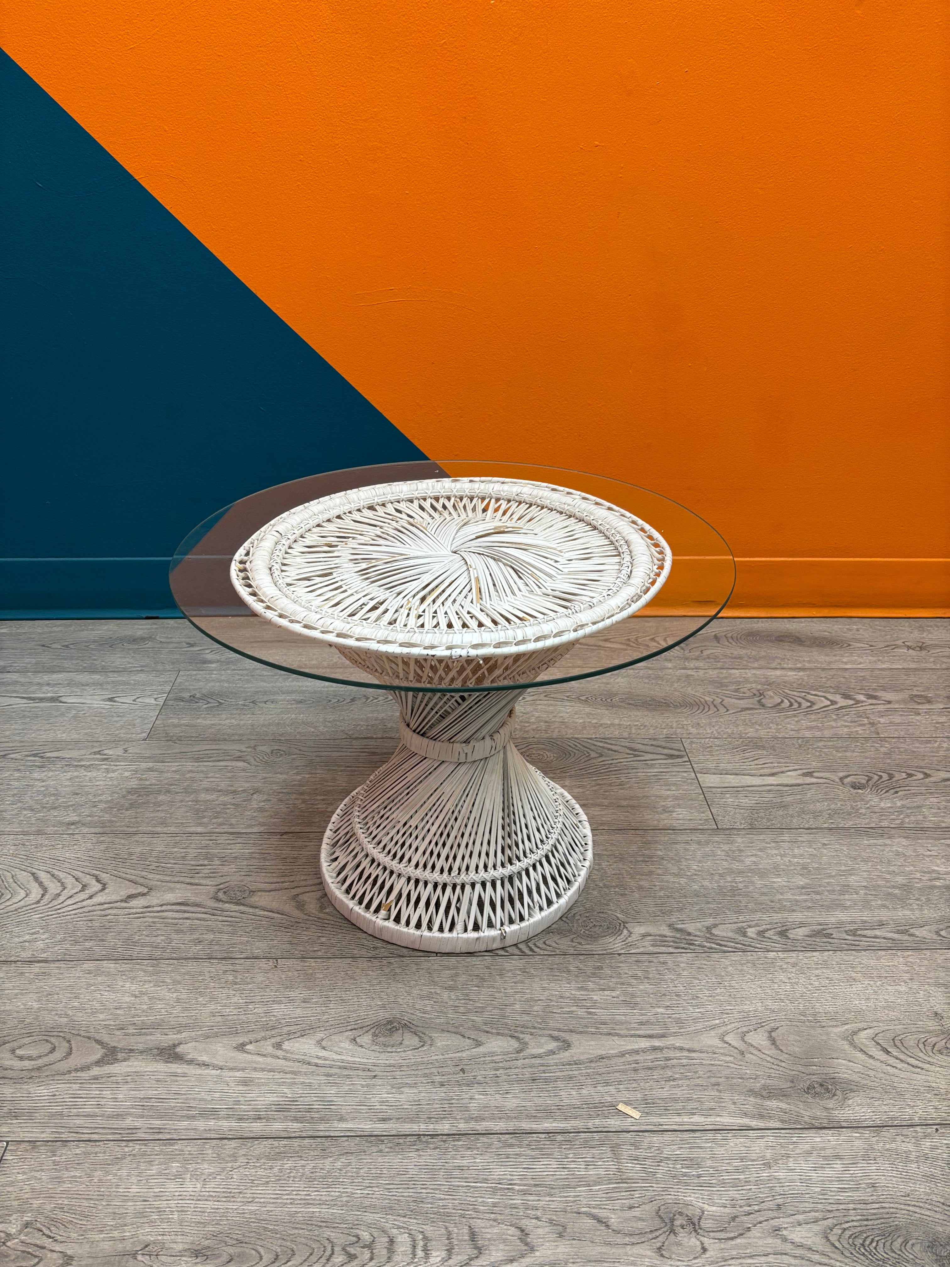 White Wicker Glass Side Table