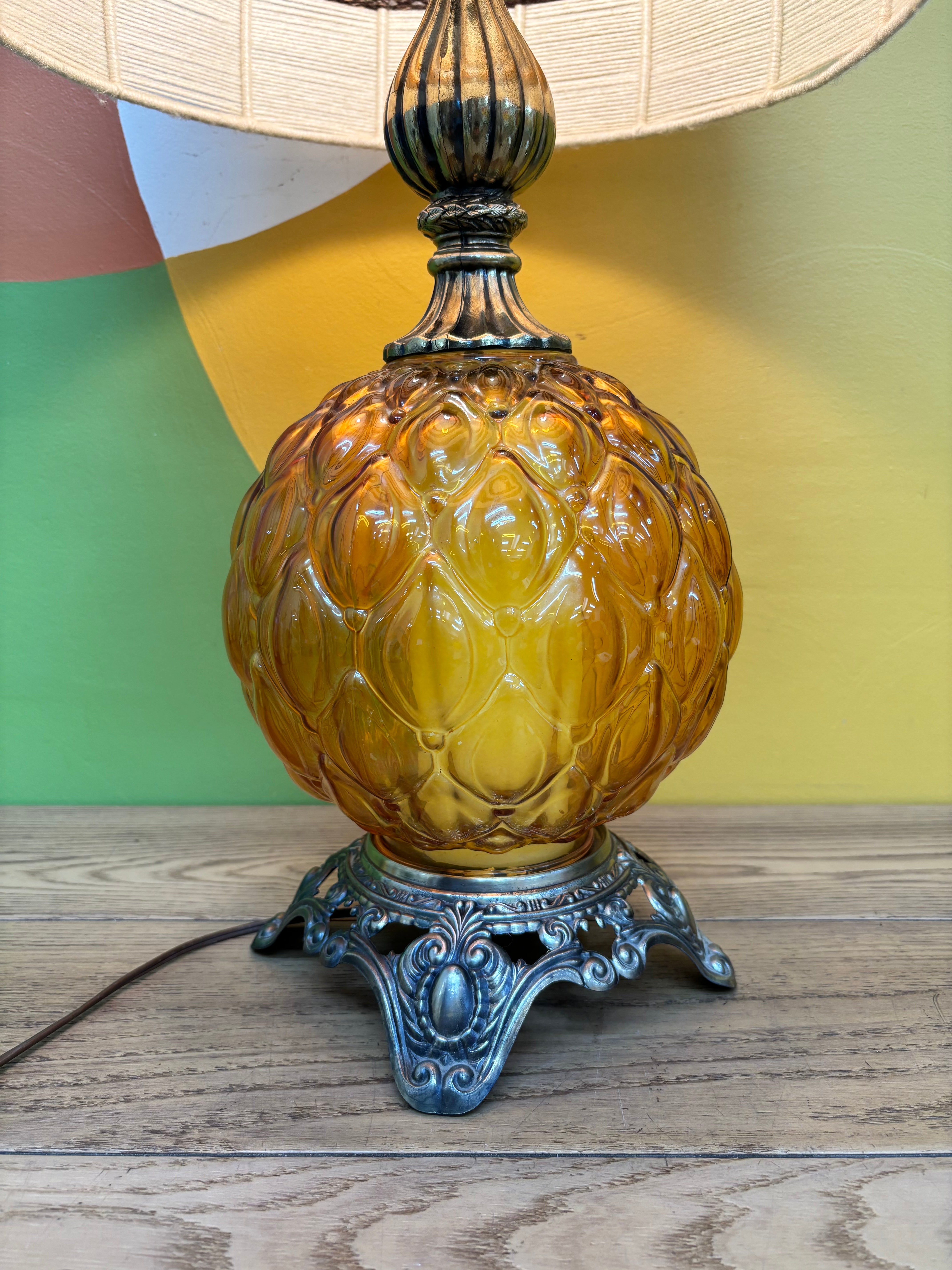 Amber Glass Table Lamp with Woven Shade