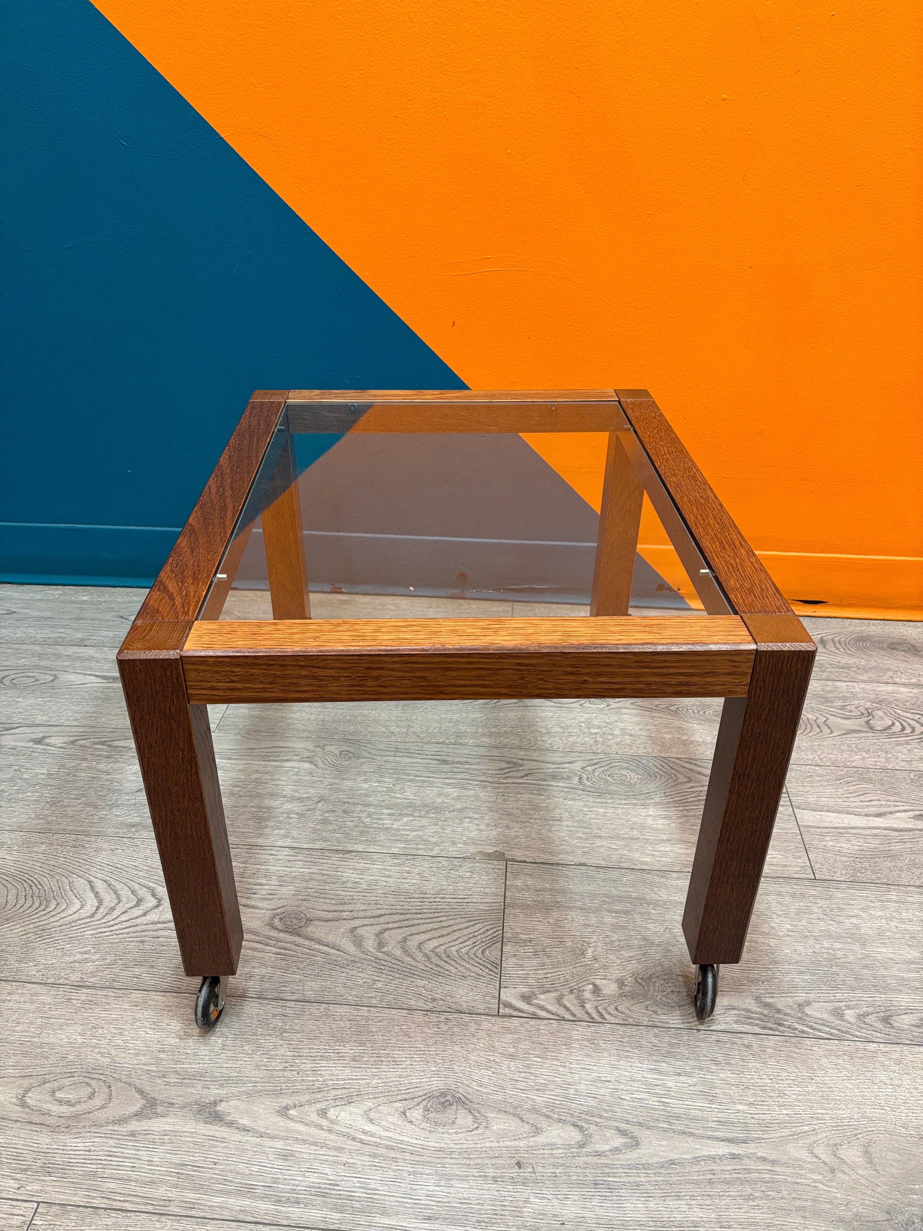 Wood & Glass Side Table on Wheels