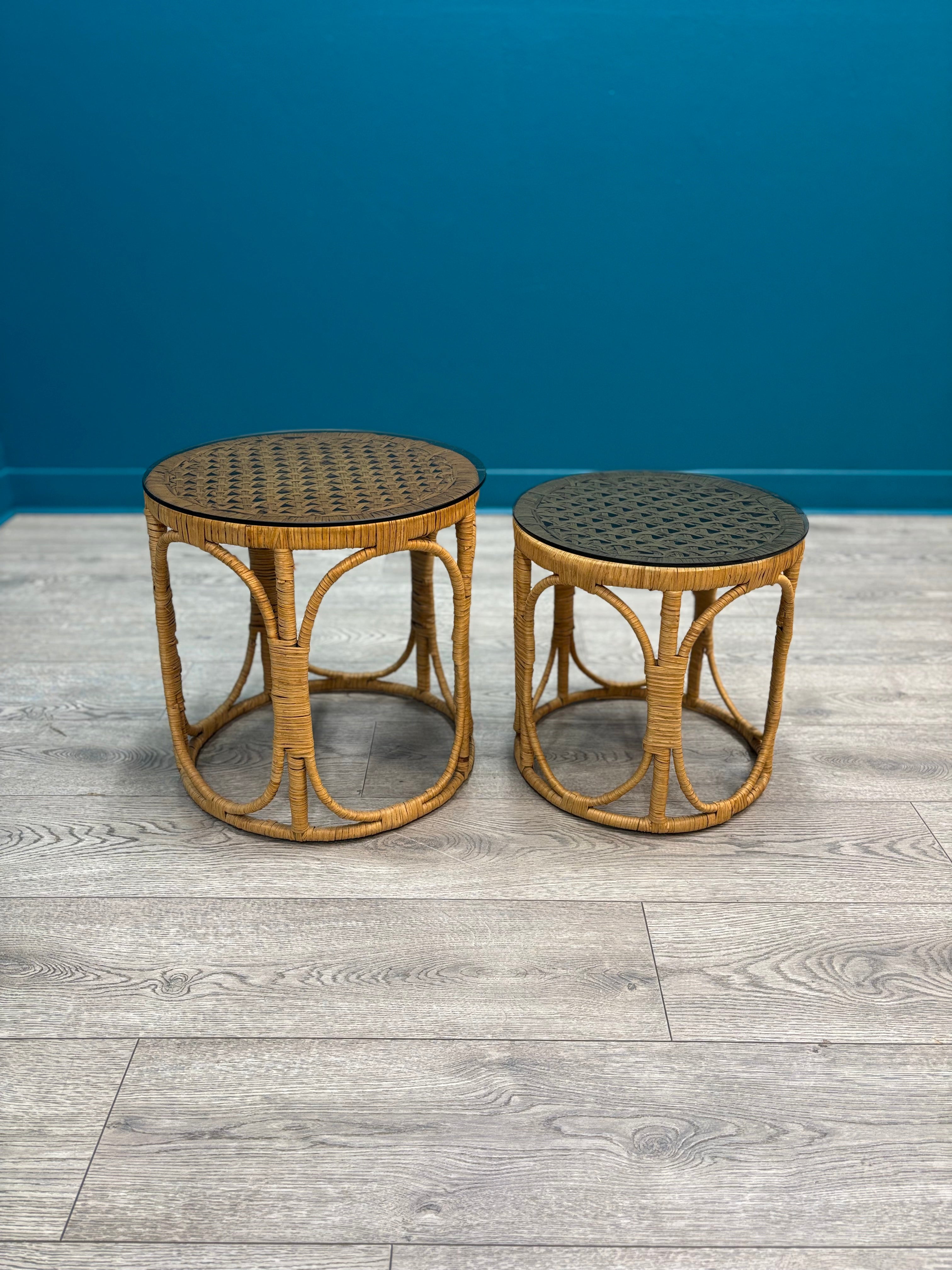 (2) Round Rattan Side Tables with Glass Tops
