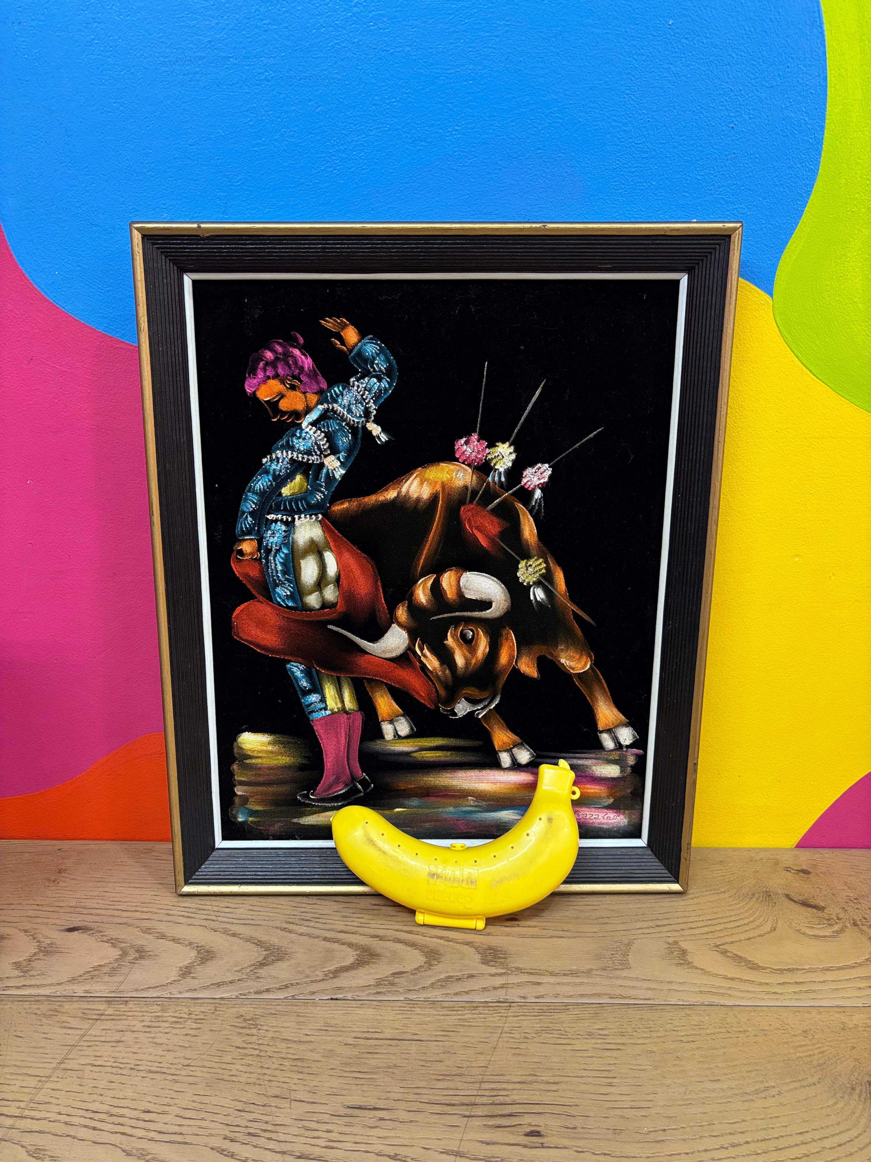 Black Velvet Painting with Sparkles (Bull & Matador)