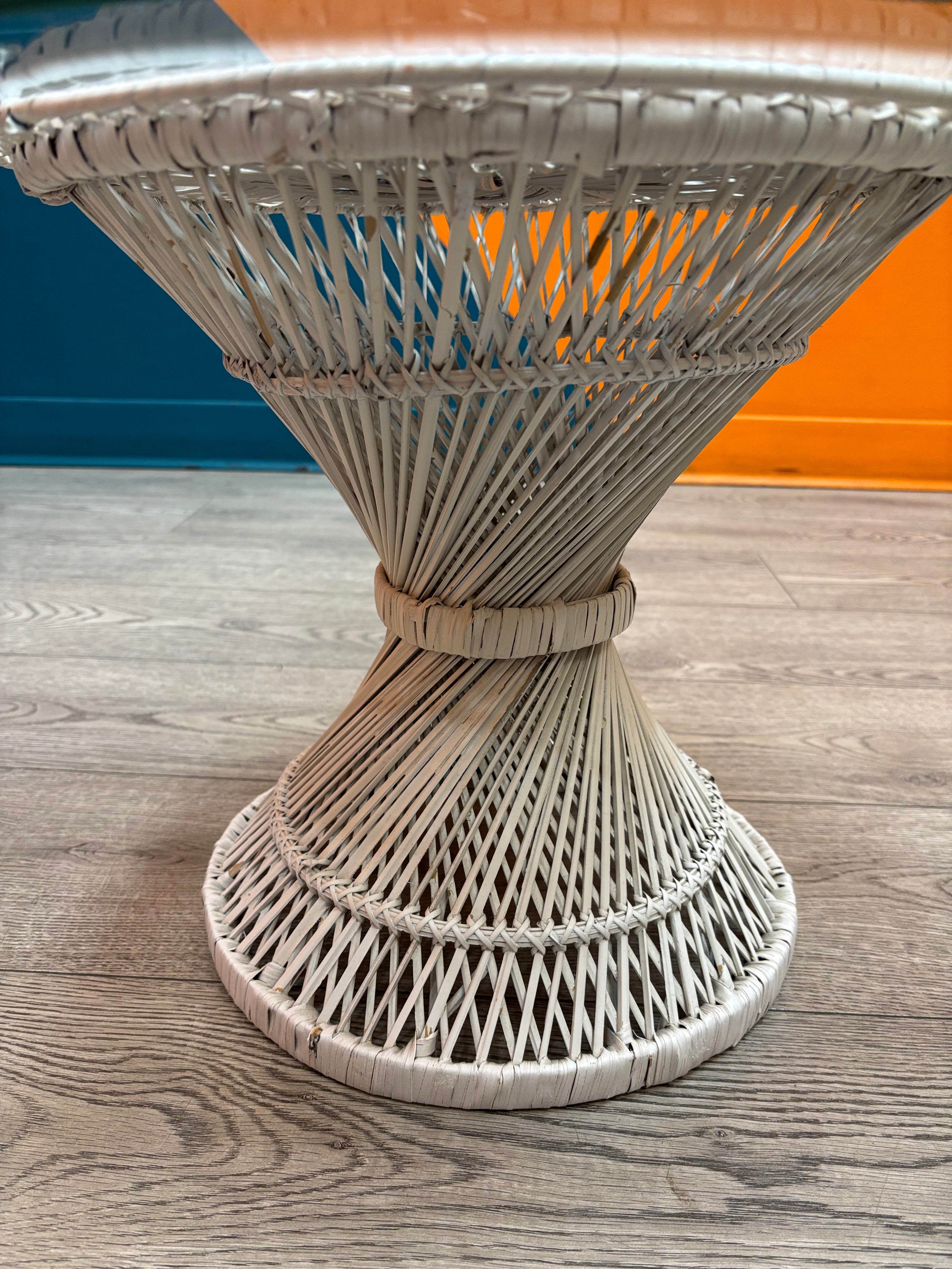 White Wicker Glass Side Table