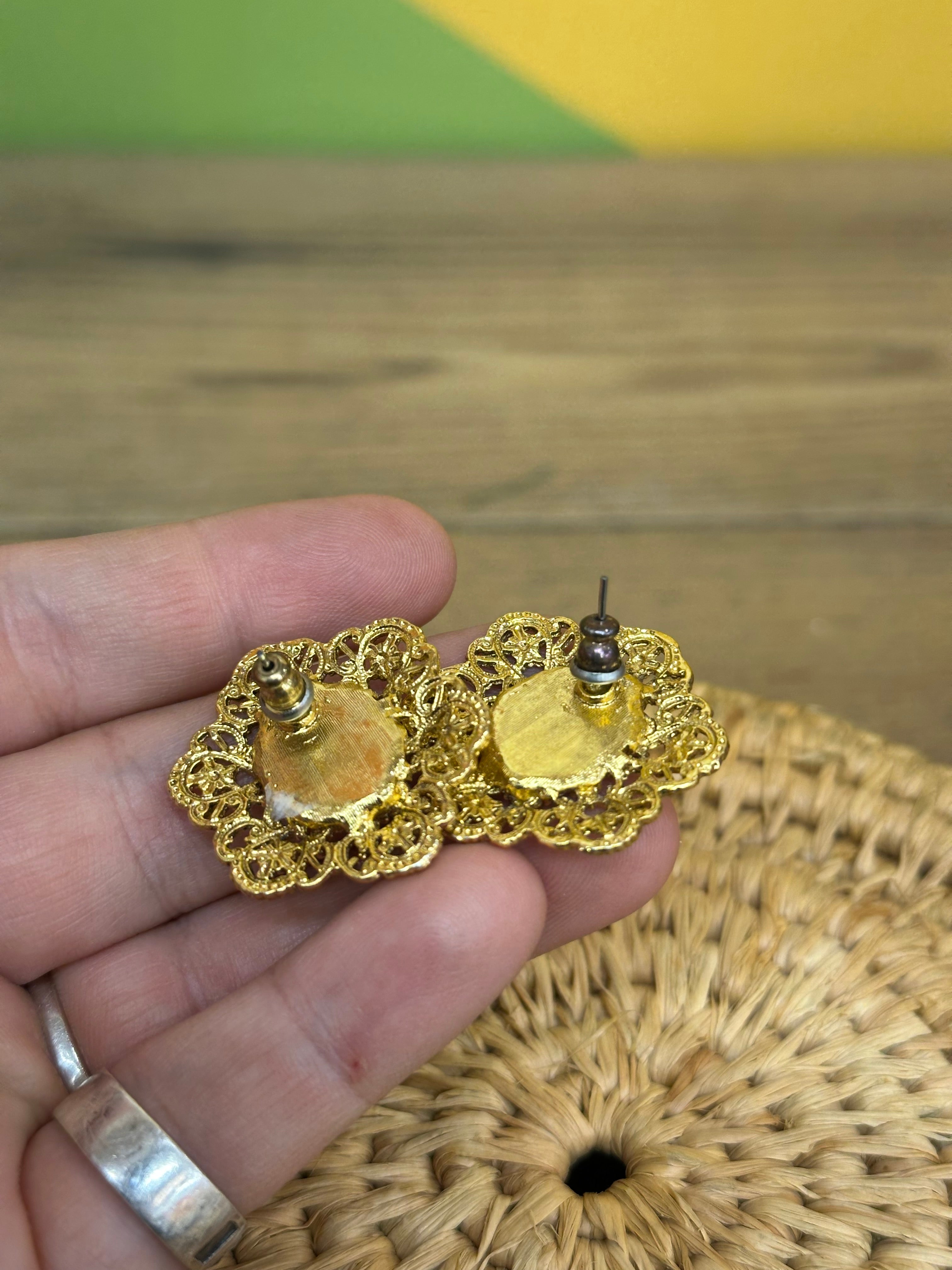 Gold Tone Cameo Earrings and Brooch Set