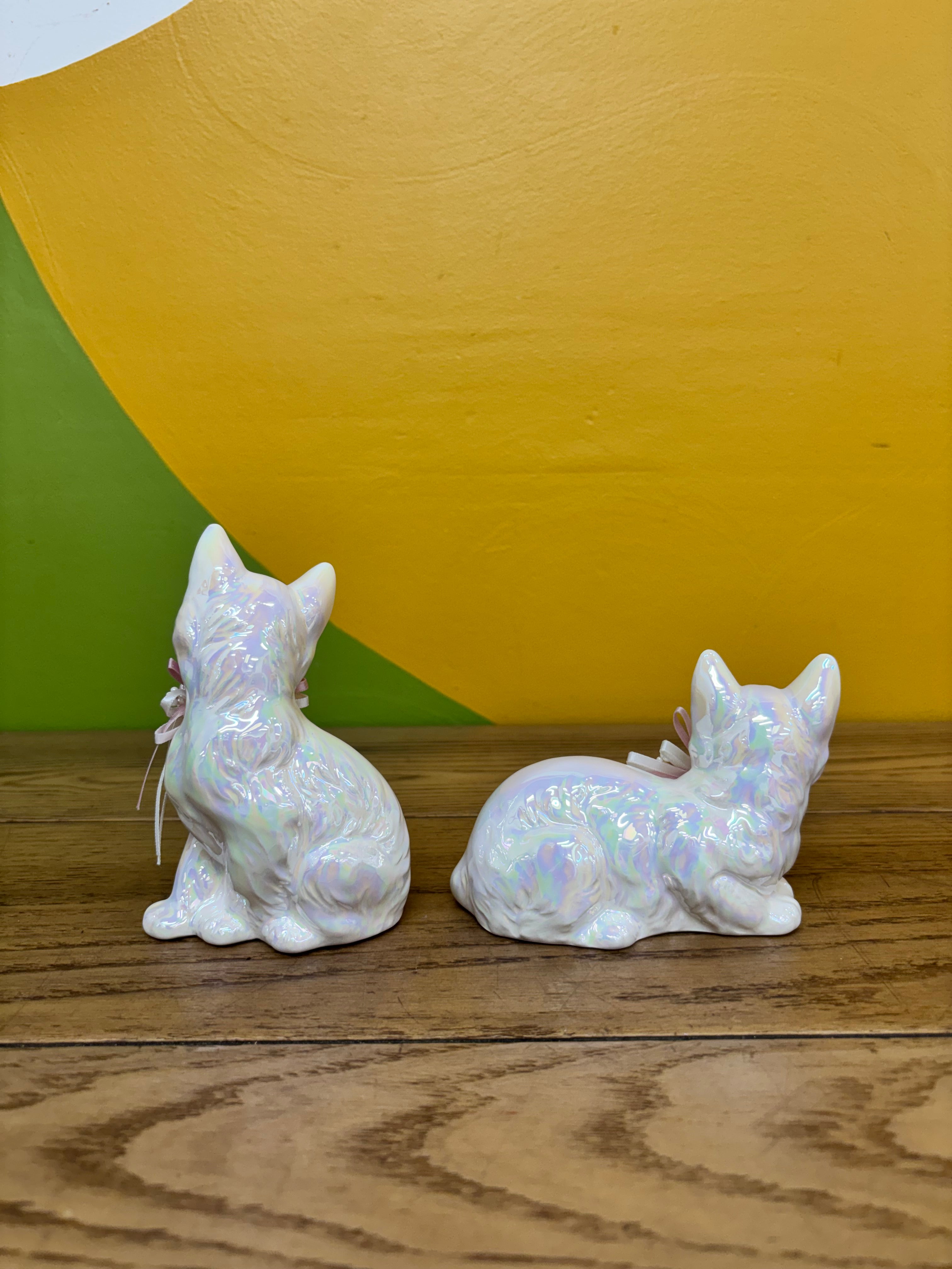 Iridescent Porcelain Cat Figurines (2)