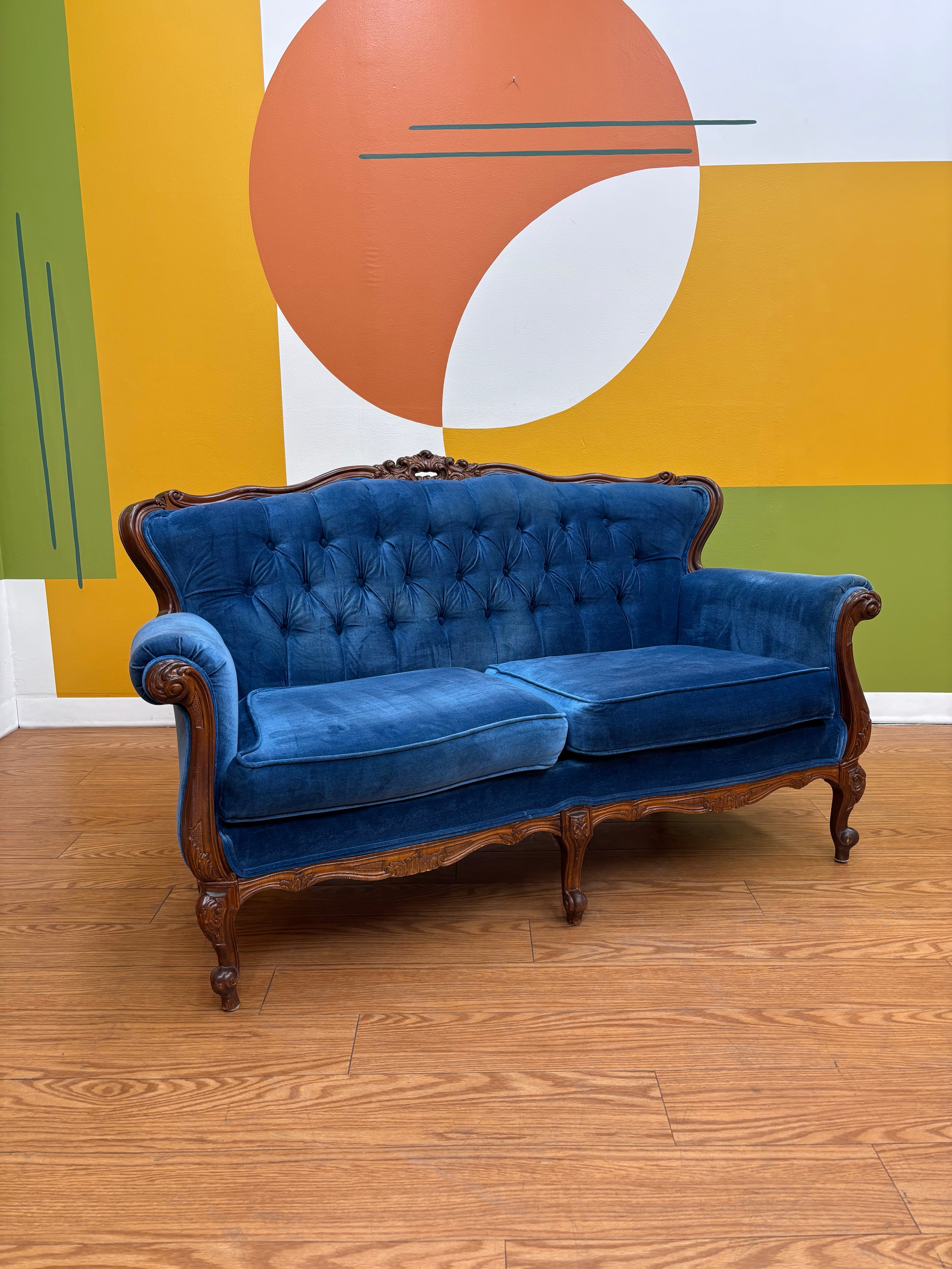 Blue Velvet Carved Wood Loveseat