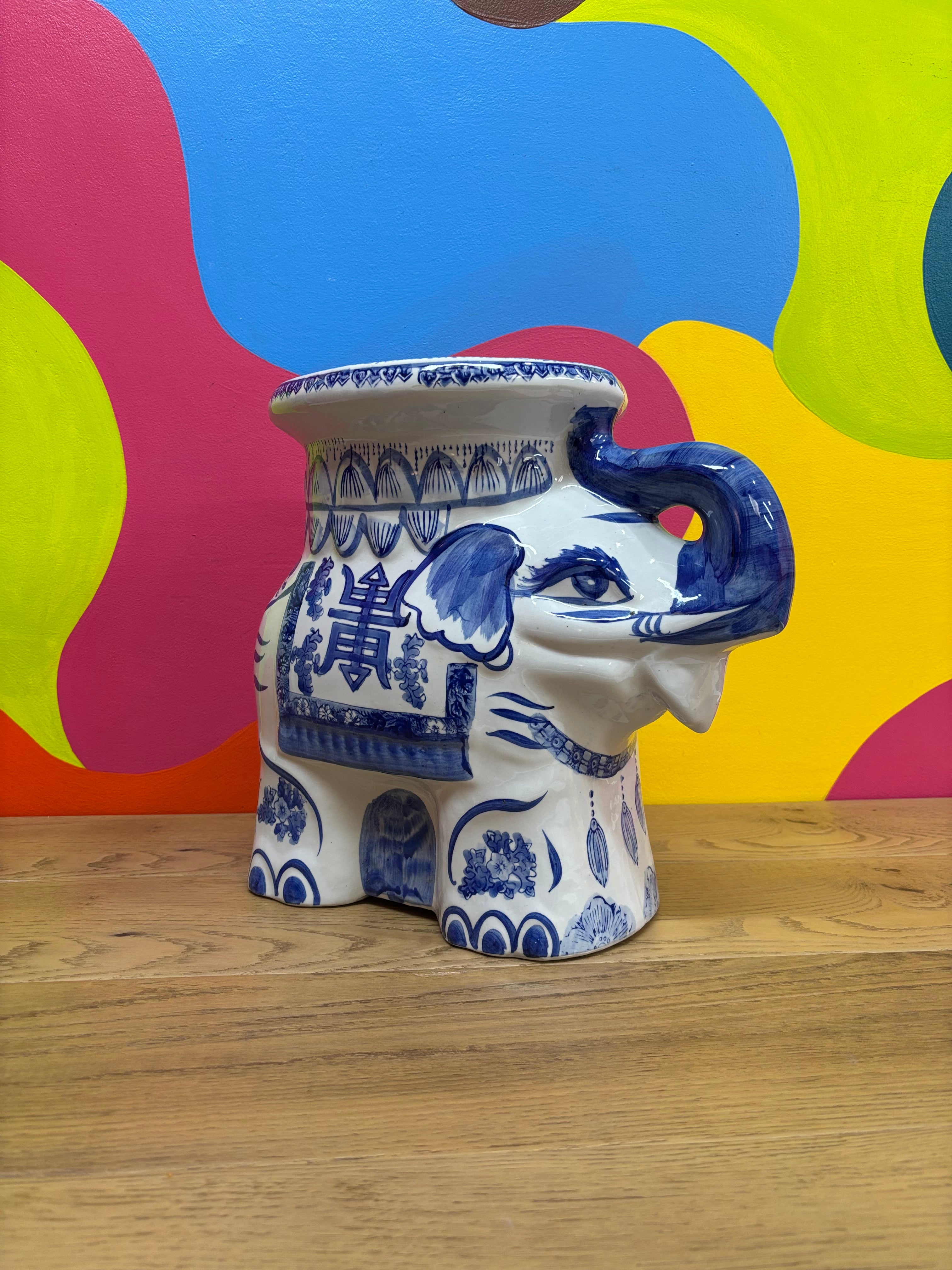 Ceramic Blue & White Elephant Plant Stand - The Bombay Co