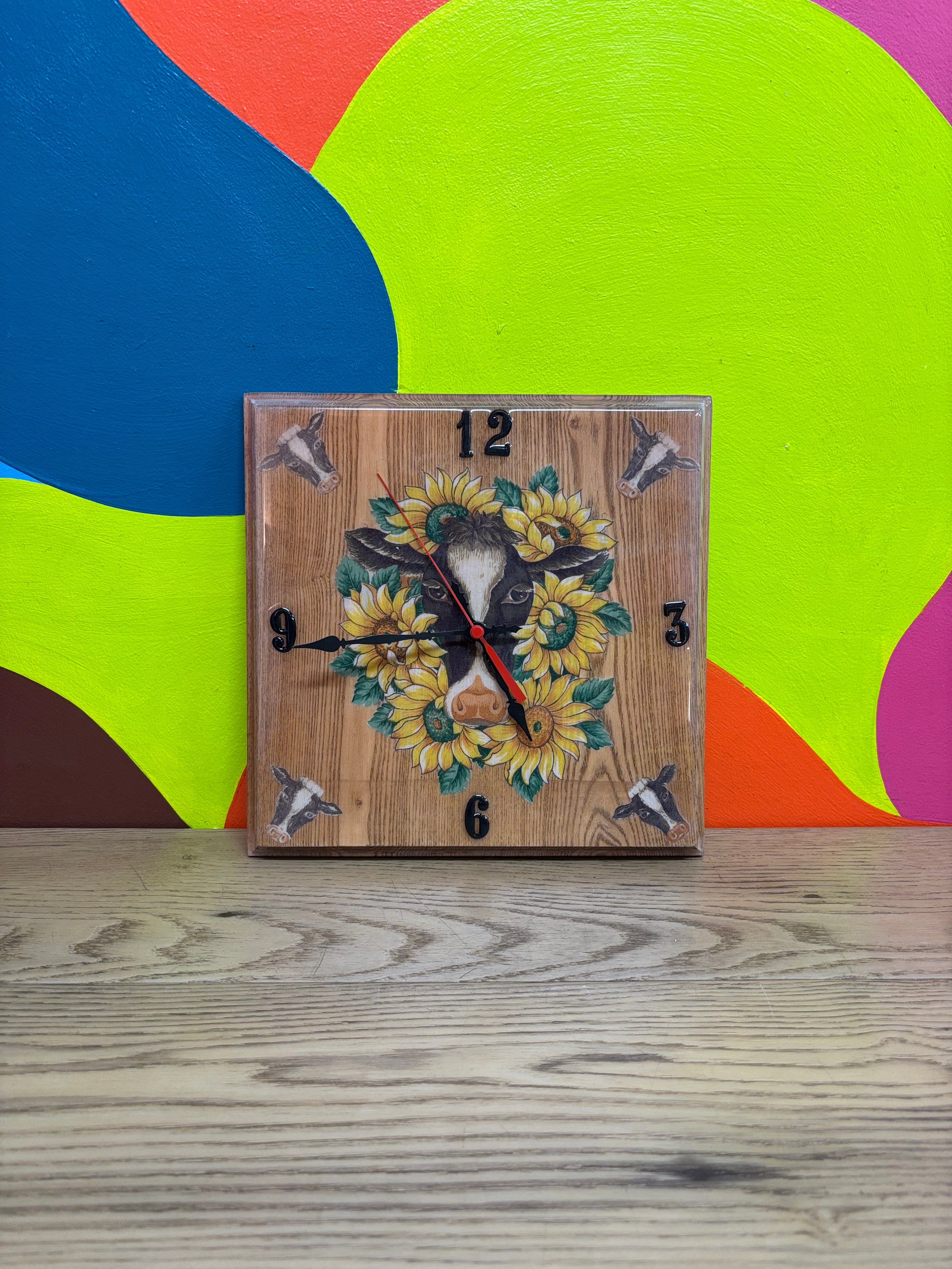 Square Wood Cow Clock