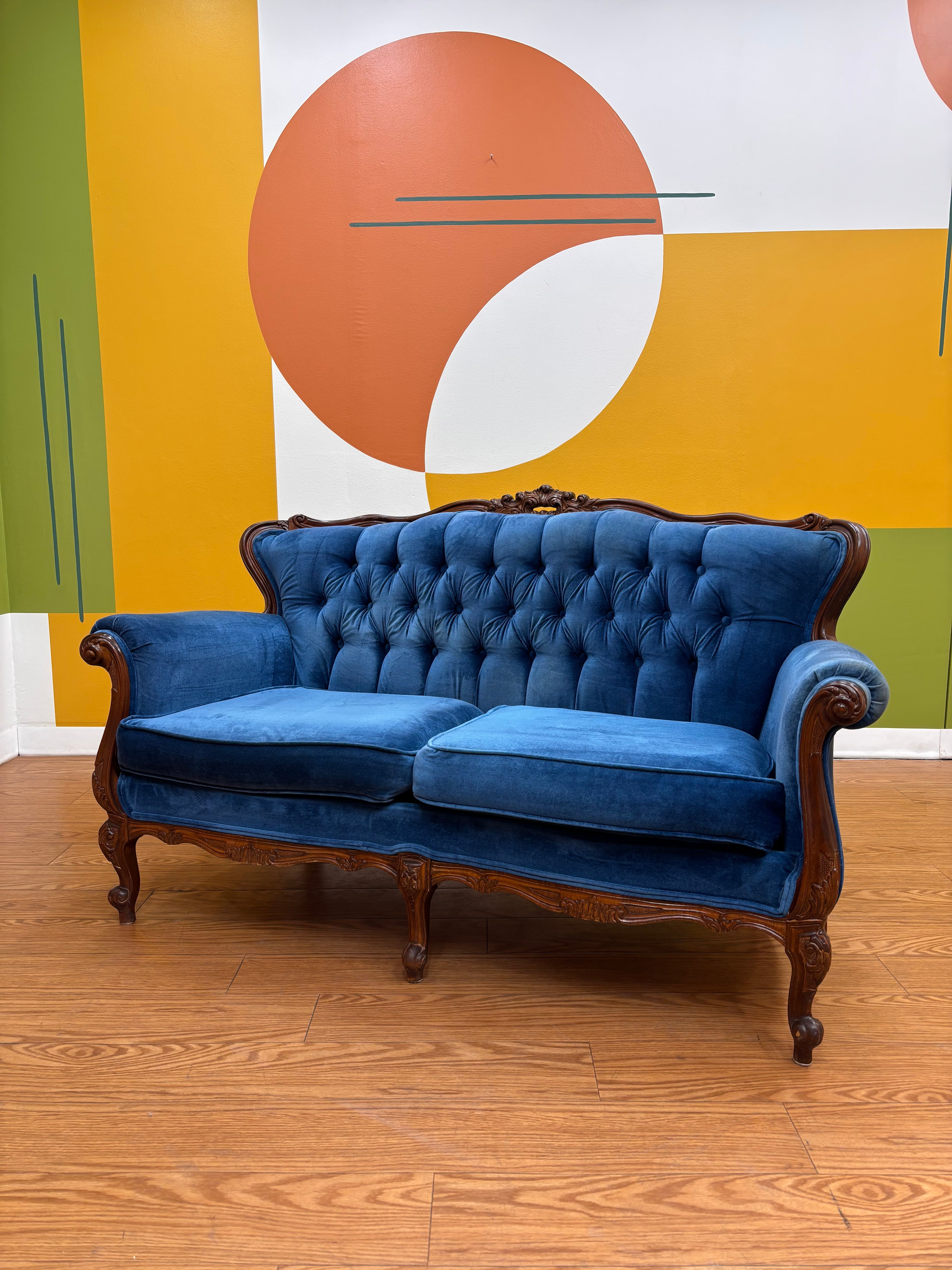 Blue Velvet Carved Wood Loveseat