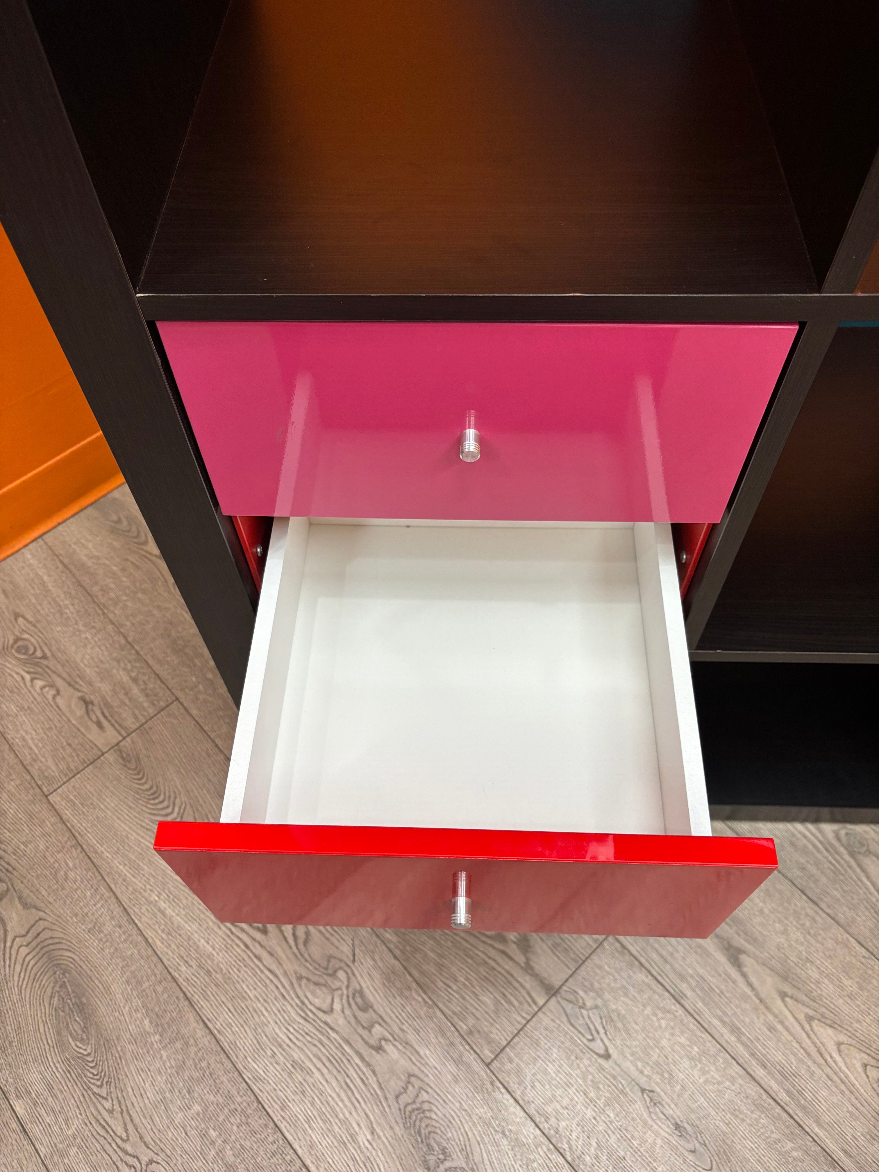 Kallax Shelves with Red & Pink Drawers