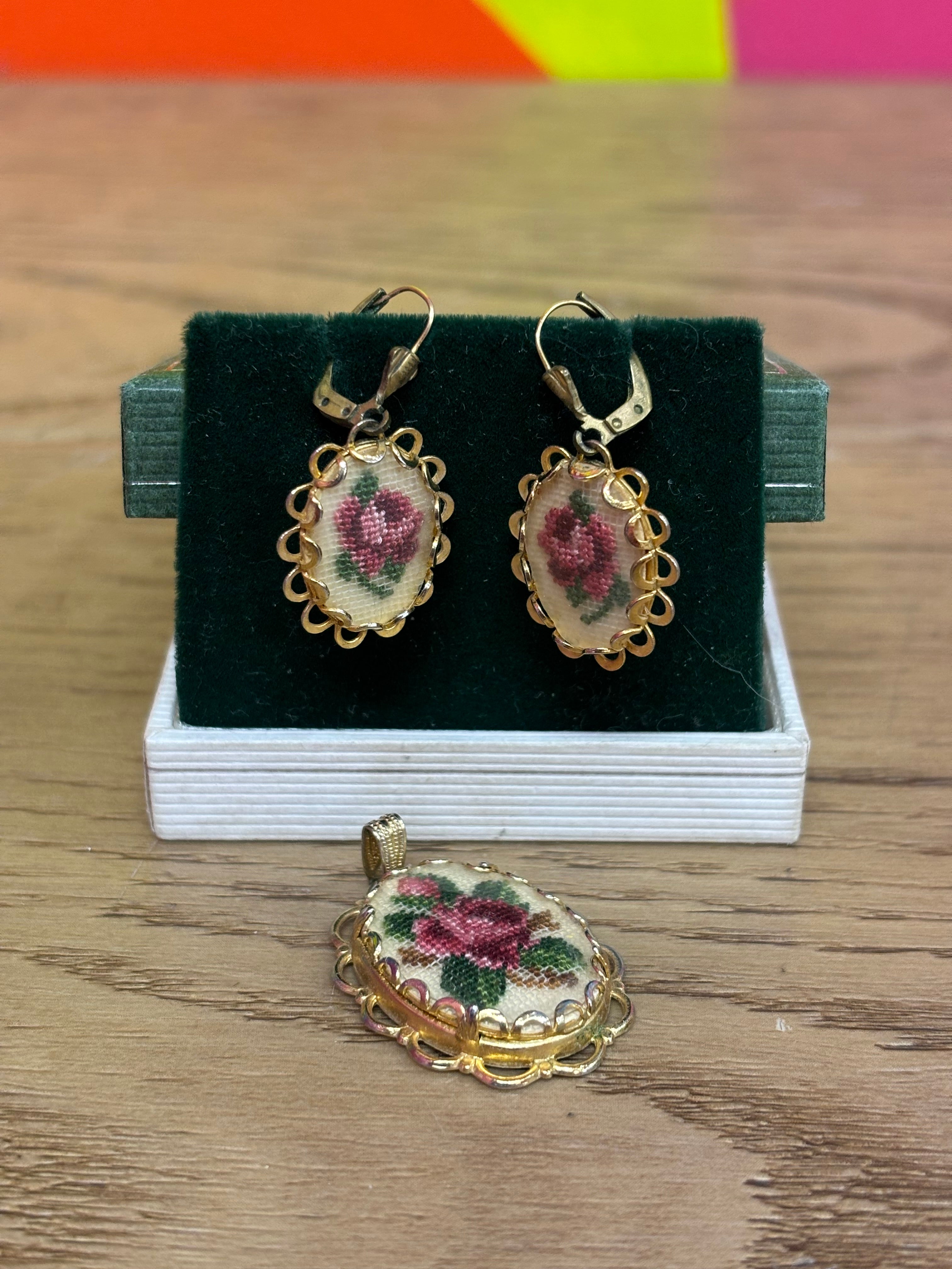 Needlepoint Earrings & Matching Pendant