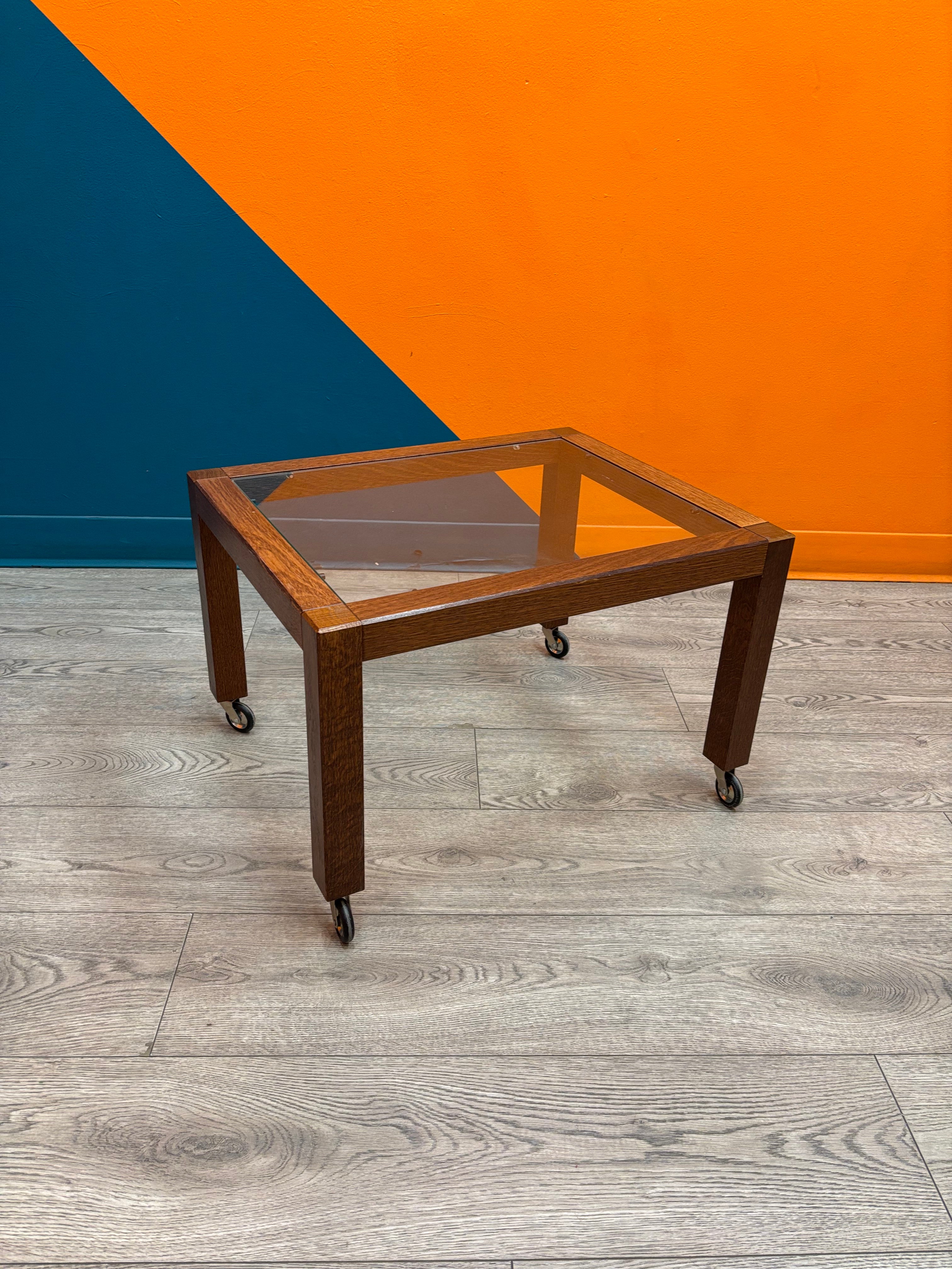 Wood & Glass Side Table on Wheels