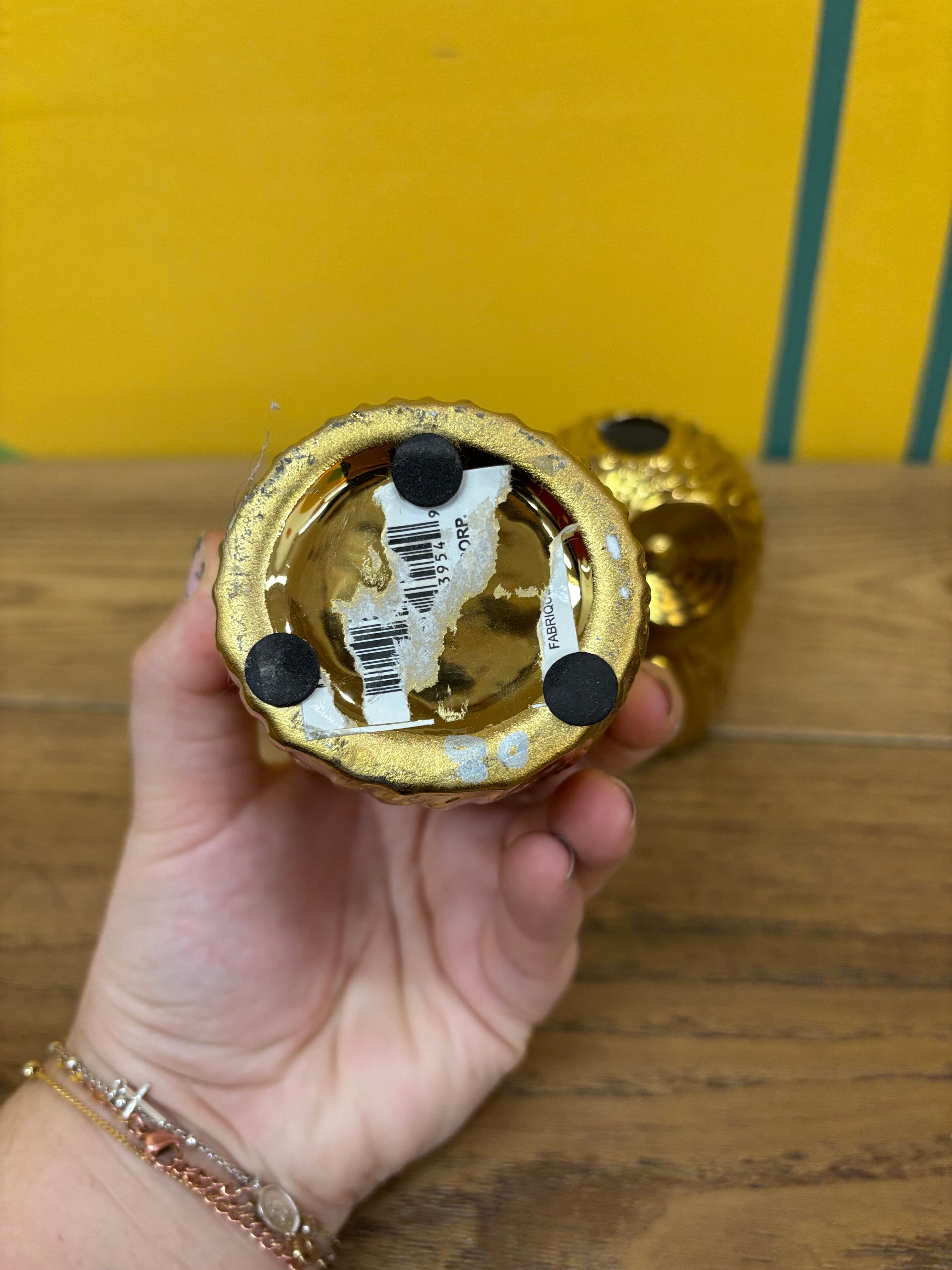 (2) Gold Ceramic Owl Candle Holders