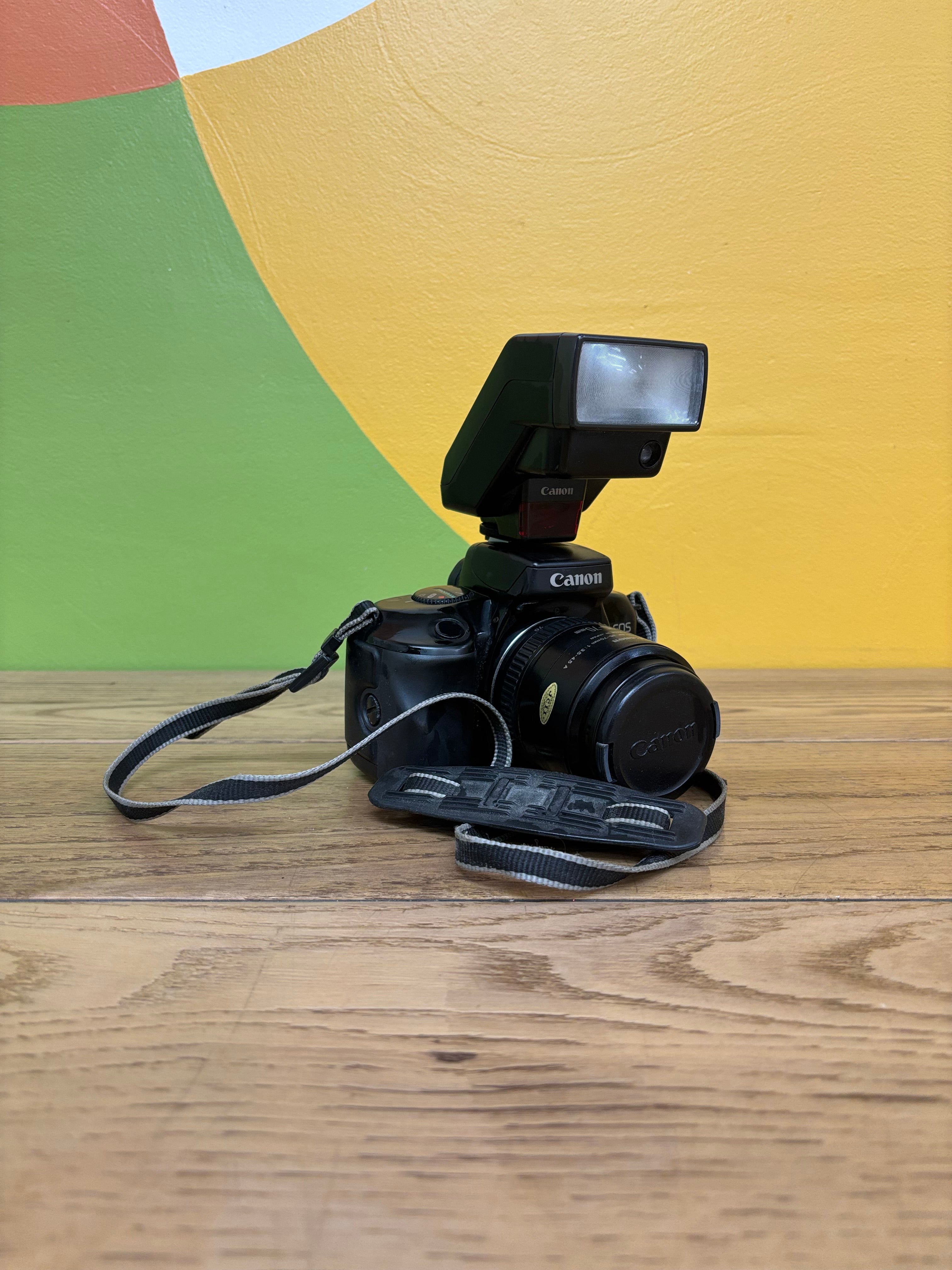 Canon EOS 750 Film Camera with Speedlite 300EZ Attached Flash