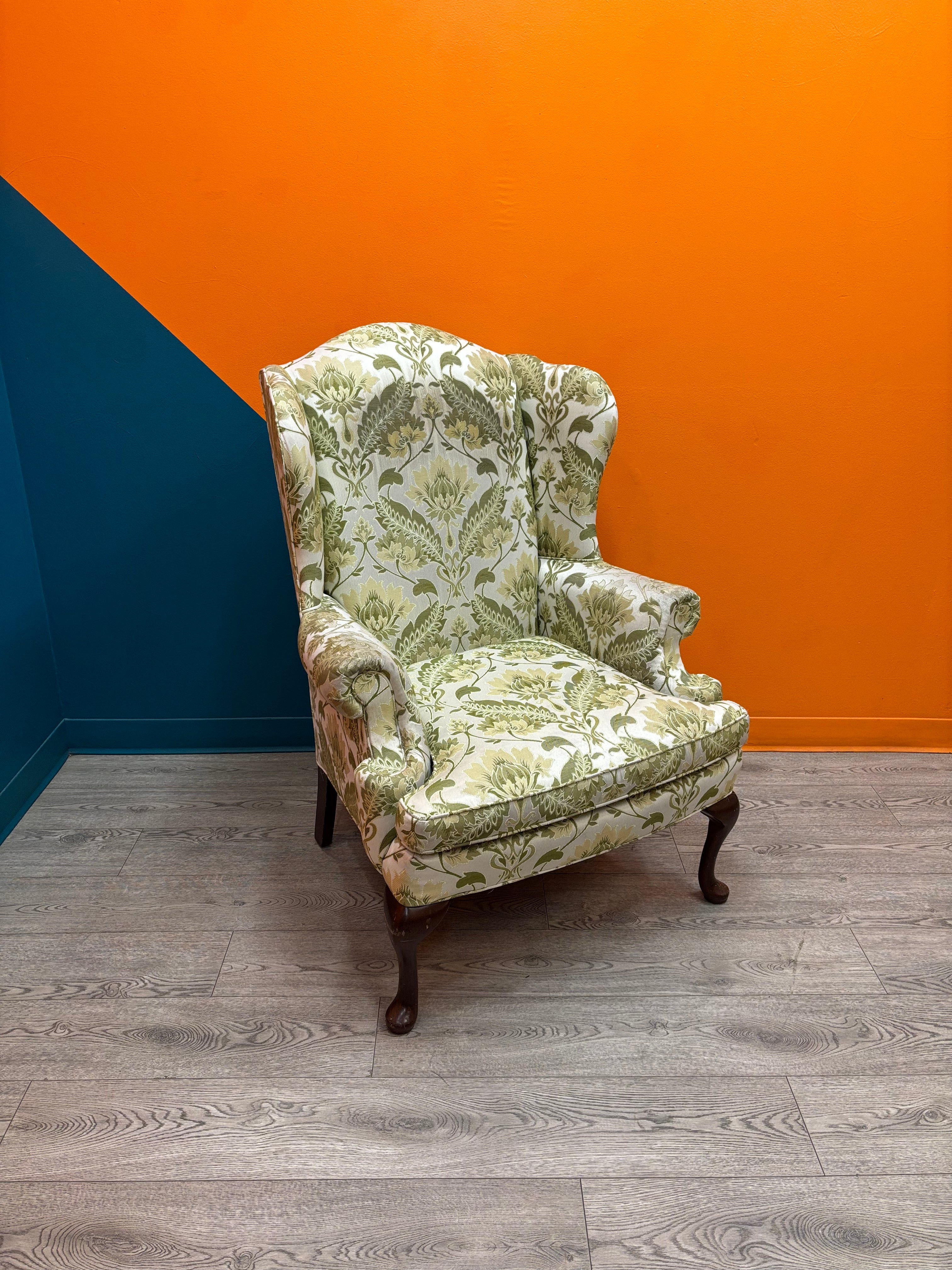 Green Floral Wingback Chair