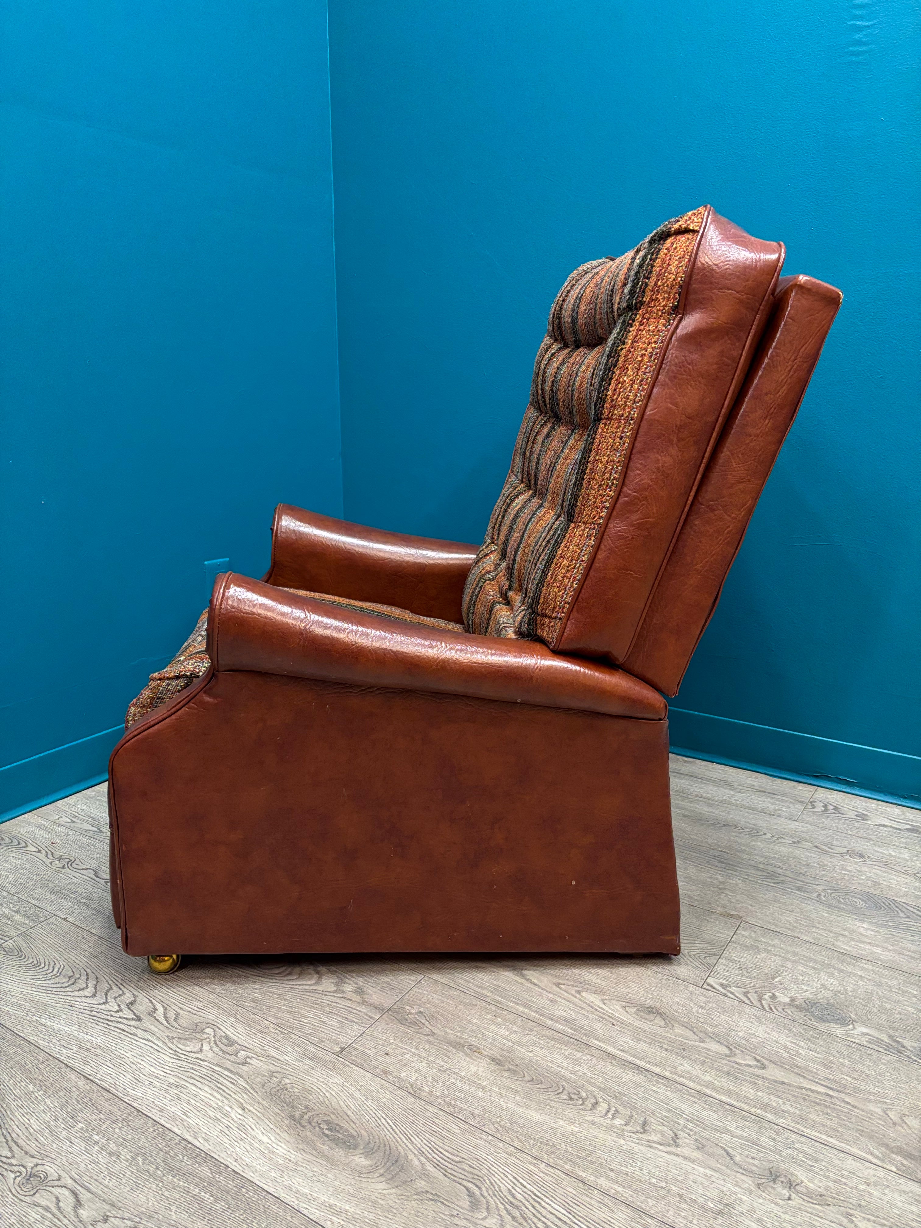 Plaid & Brown Pleather Recliner